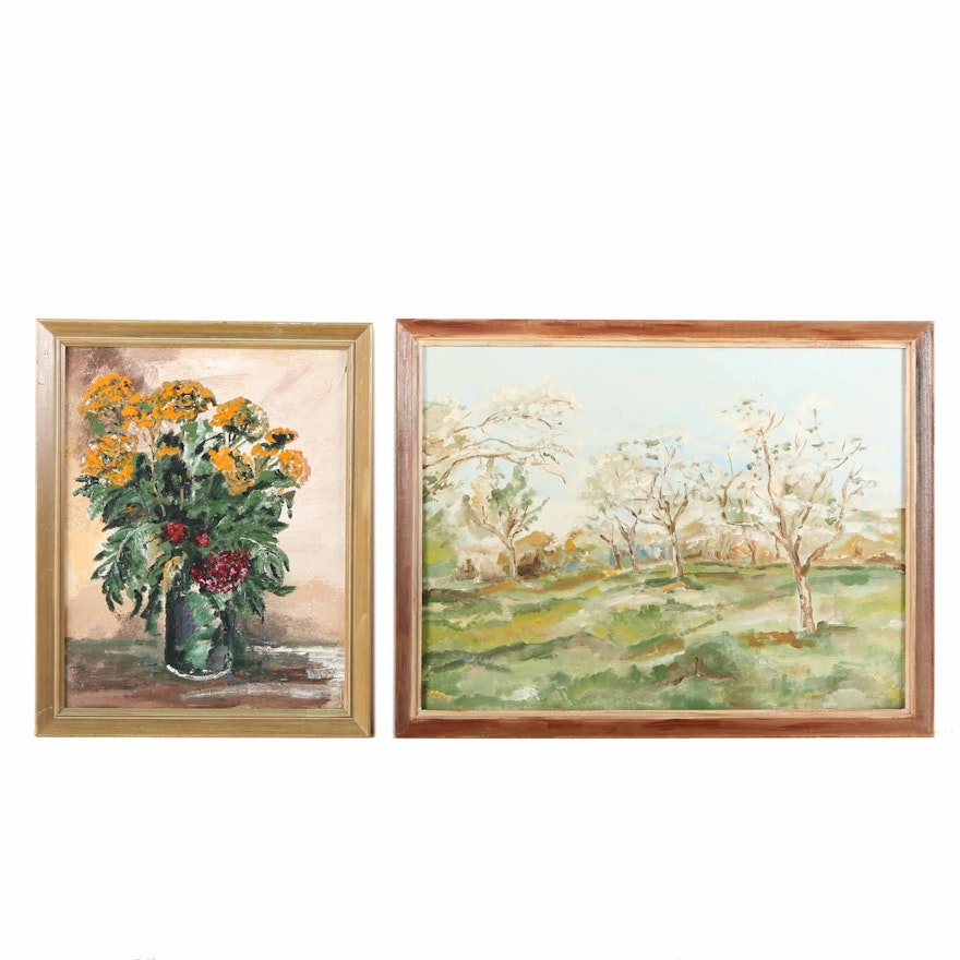 Oil Paintings of a Floral Bouquet and a Landscape