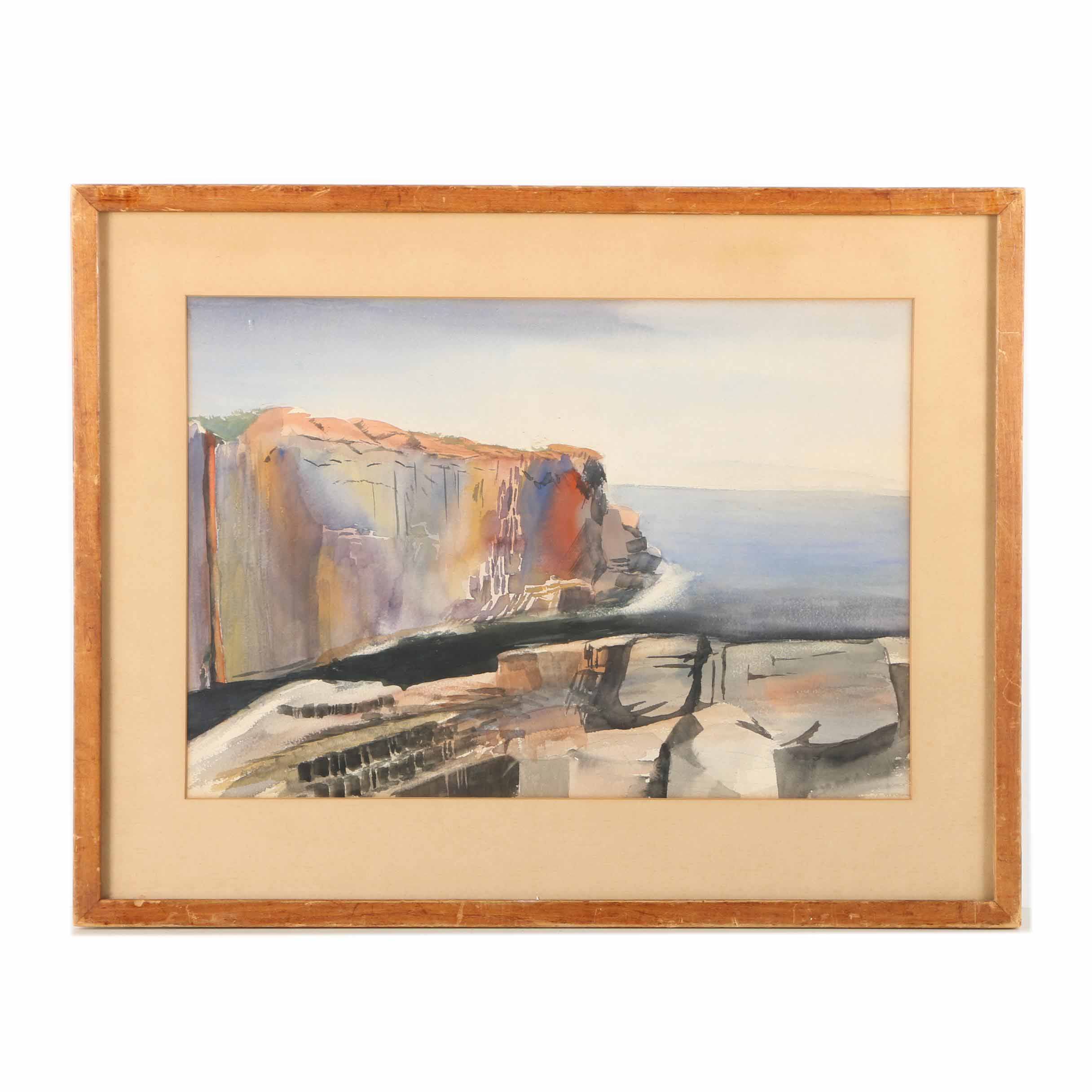 Vintage Watercolor Painting on Paper of Cliffs Overlooking an Ocean Landscape
