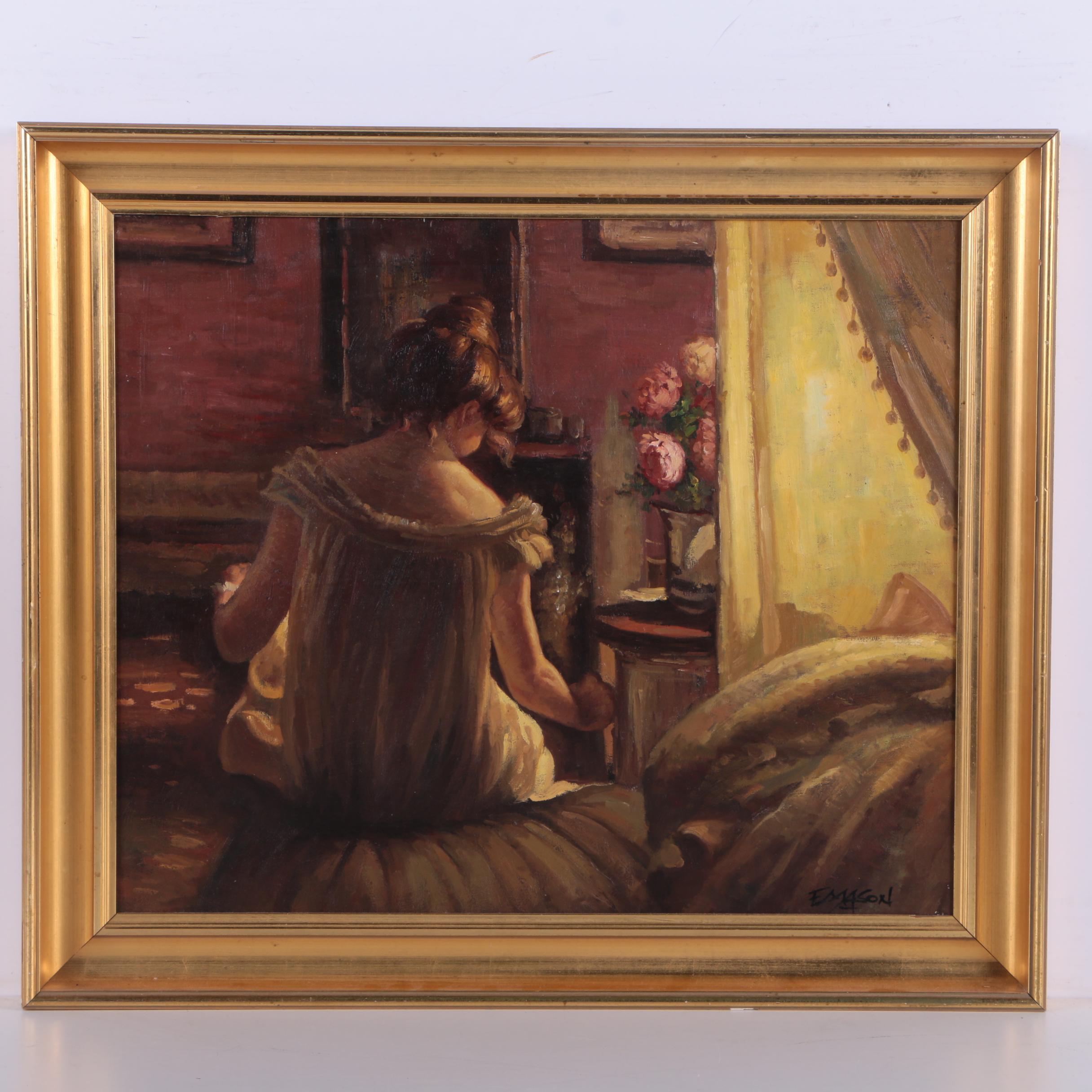 E. Mason Oil Painting on Canvas of Woman Seated on Canopied Bed