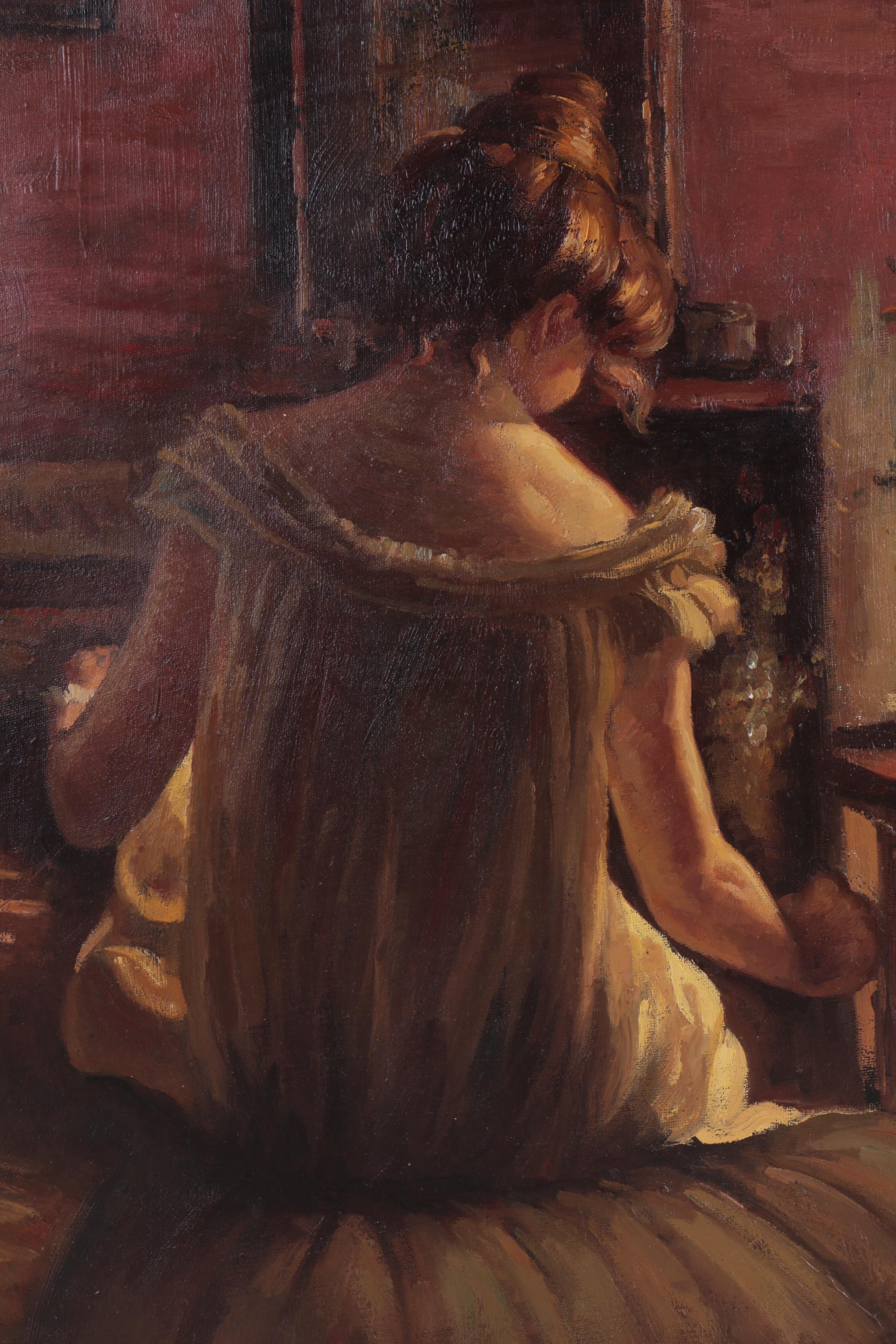 E. Mason Oil Painting on Canvas of Woman Seated on Canopied Bed