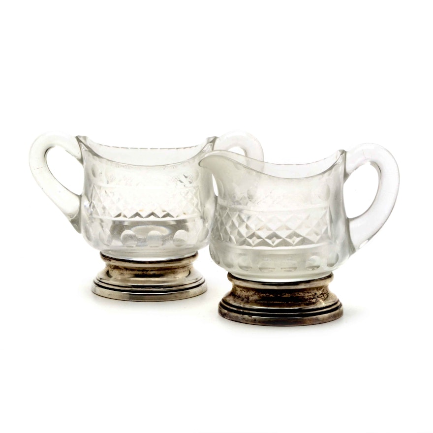 Sterling and Pressed Glass Open Sugar and Creamer
