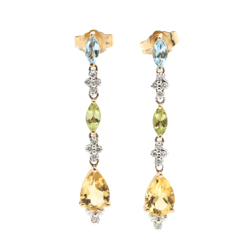14K Yellow Gold Diamond and Gemstone Dangle Earrings