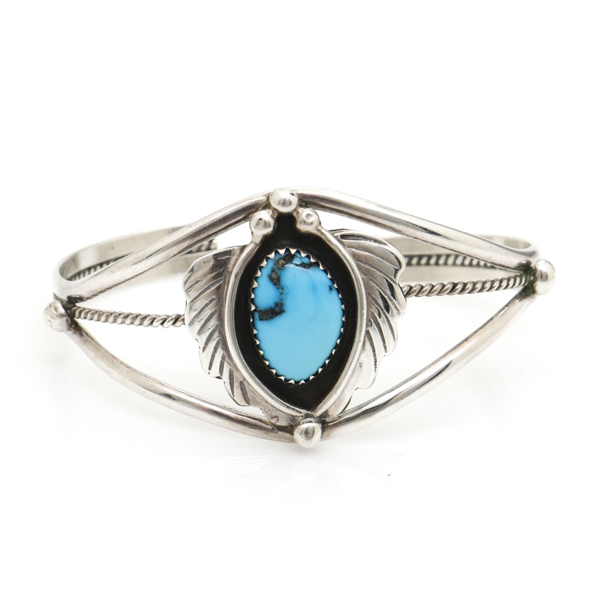 Benson Sam Navajo Sterling Silver Turquoise and Leaf Shadowbox Cuff