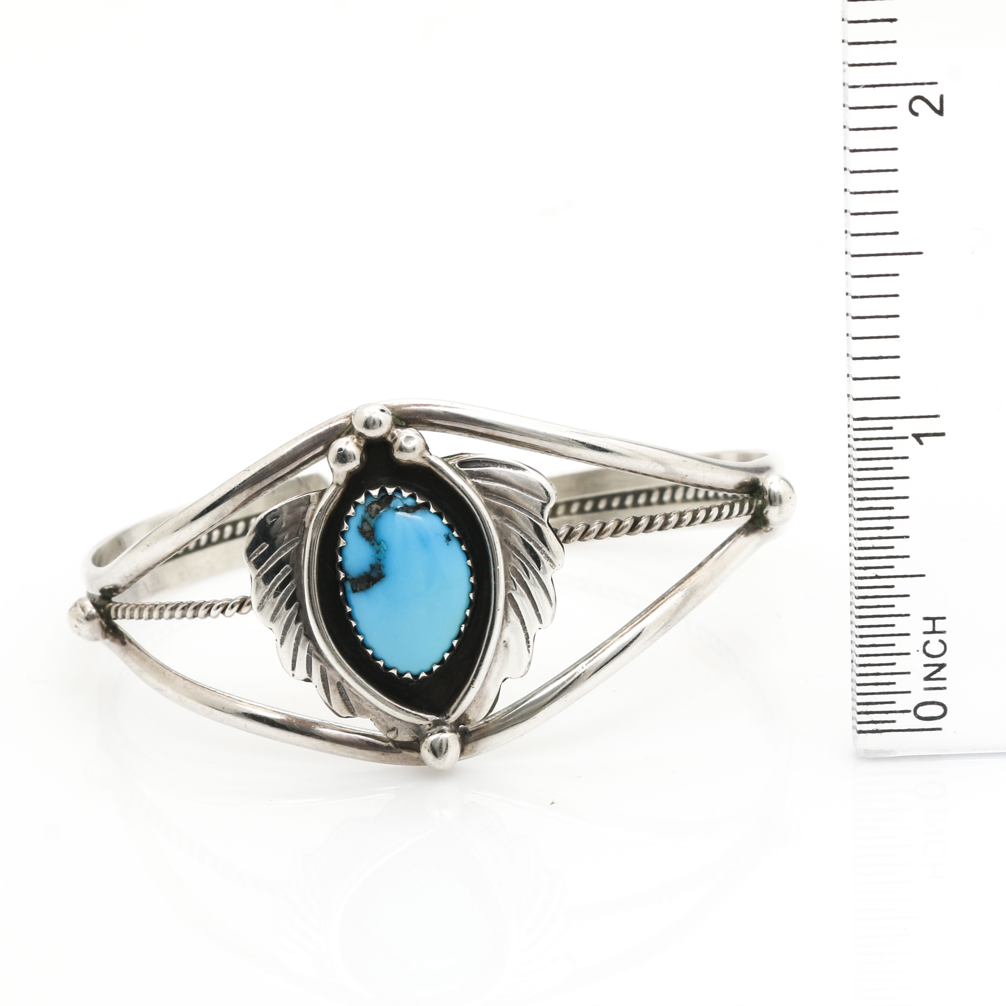 Benson Sam Navajo Sterling Silver Turquoise and Leaf Shadowbox Cuff