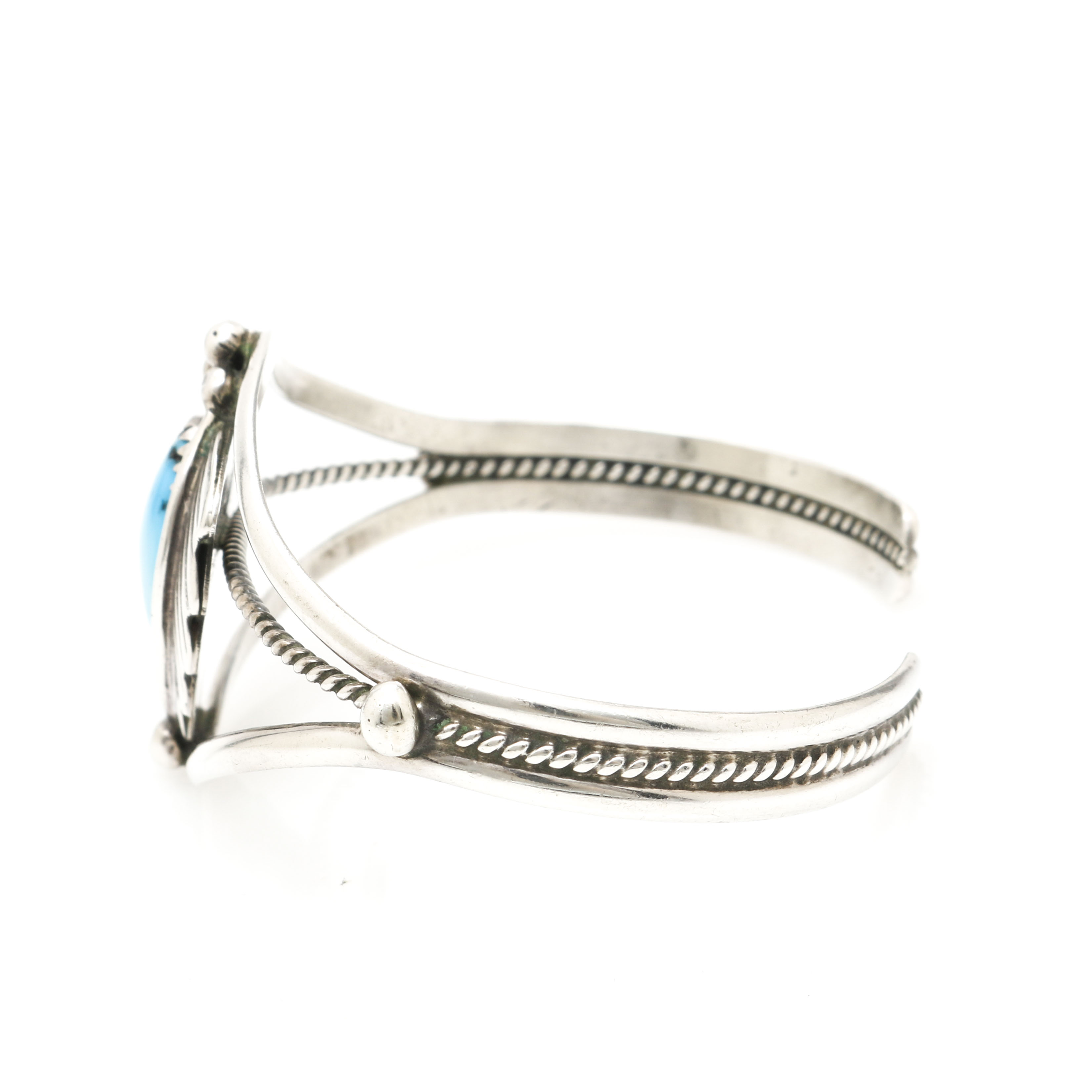 Benson Sam Navajo Sterling Silver Turquoise and Leaf Shadowbox Cuff