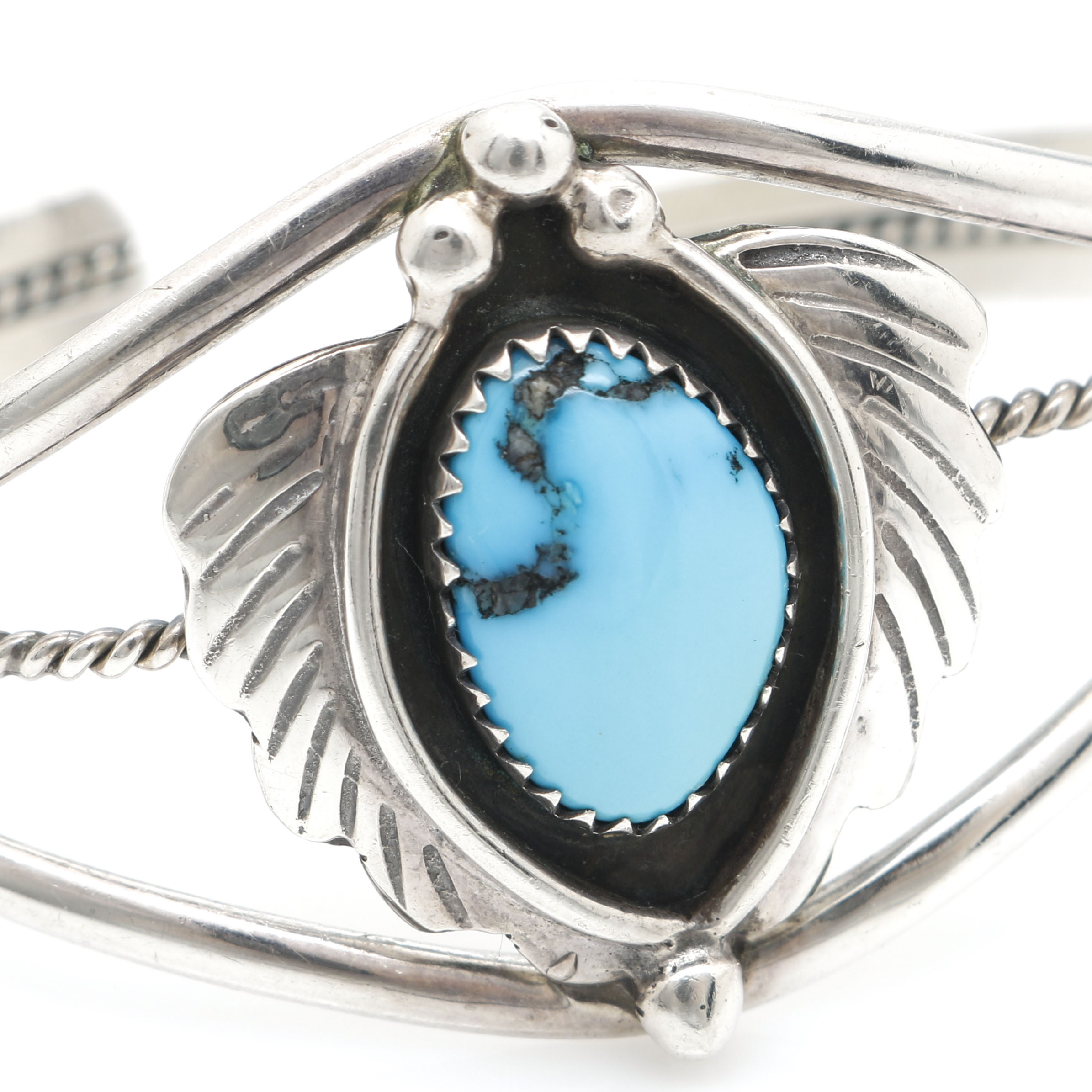 Benson Sam Navajo Sterling Silver Turquoise and Leaf Shadowbox Cuff