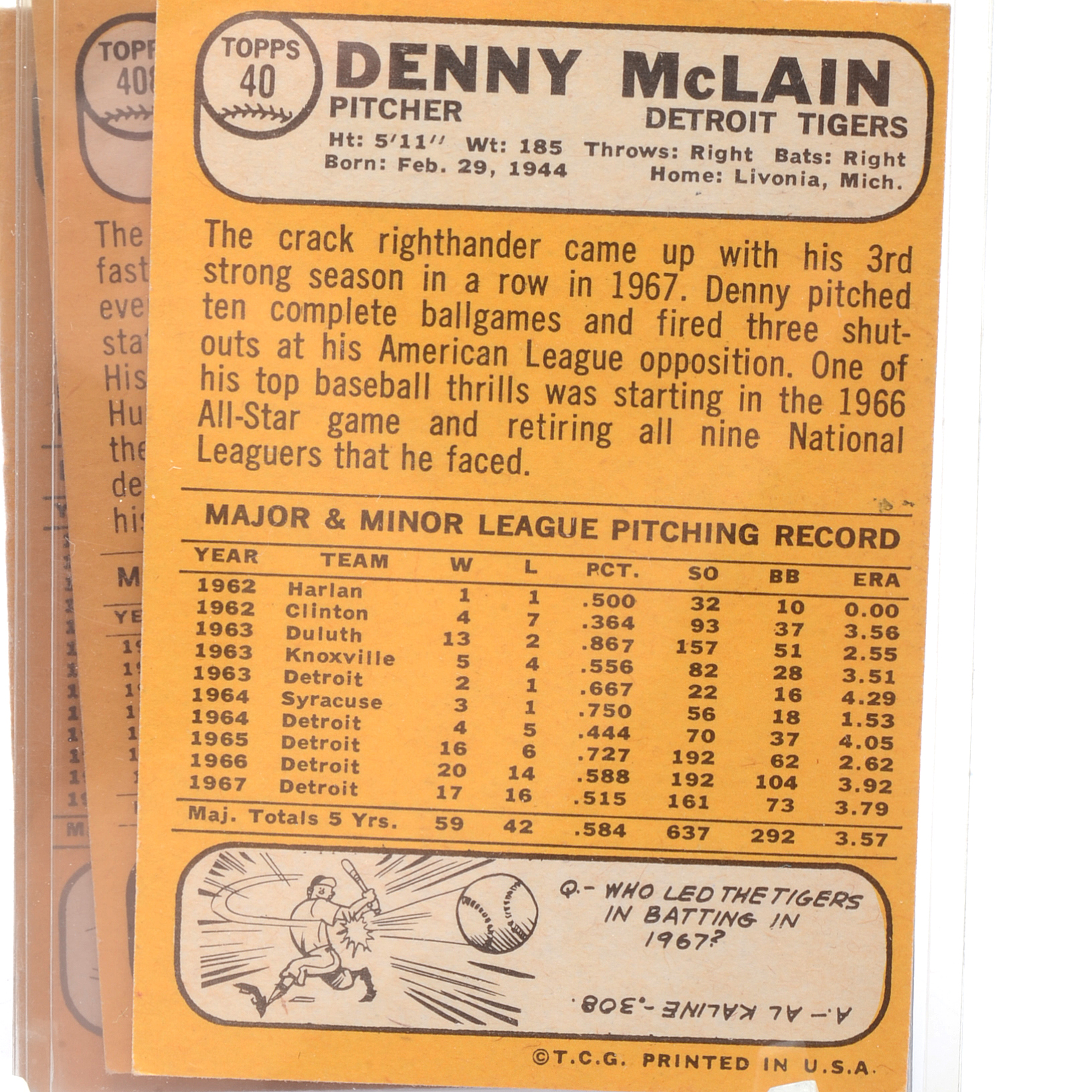 Perry, McLain, and Carlton 1968 Topps Baseball Cards