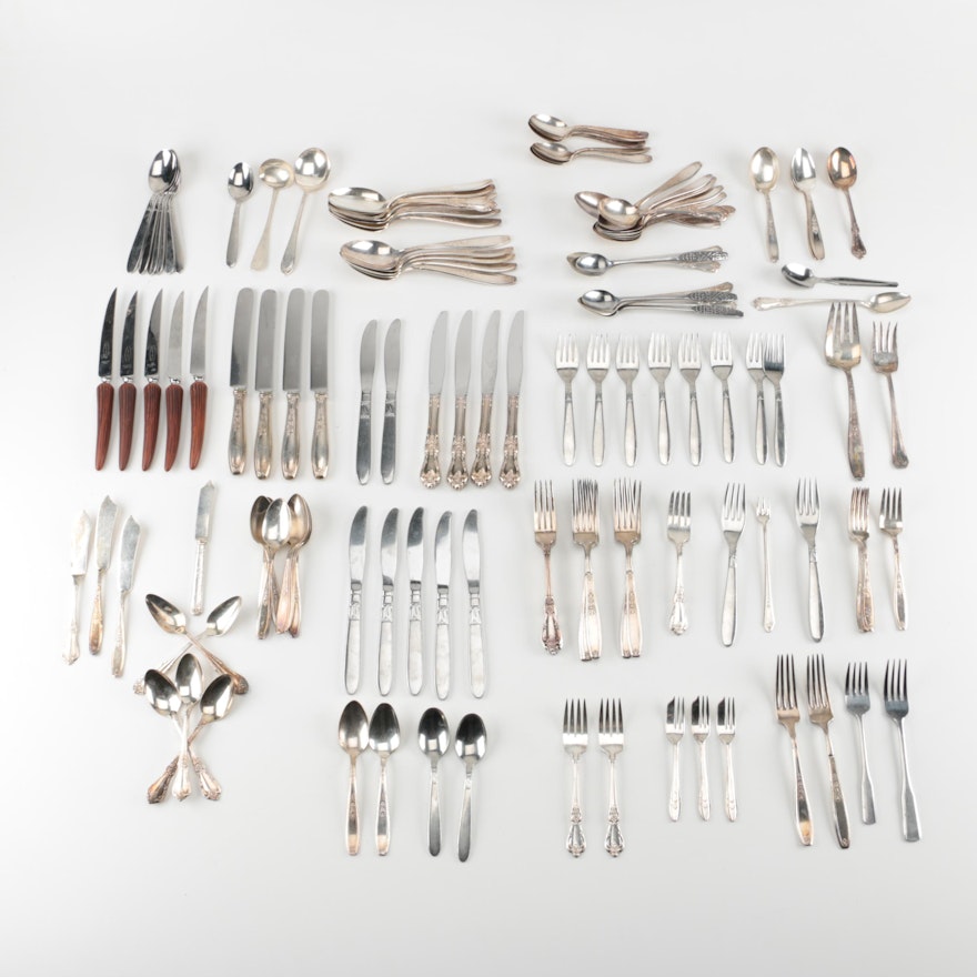 Assortment of Plated Silver and Stainless Flatware with International Silver Co.