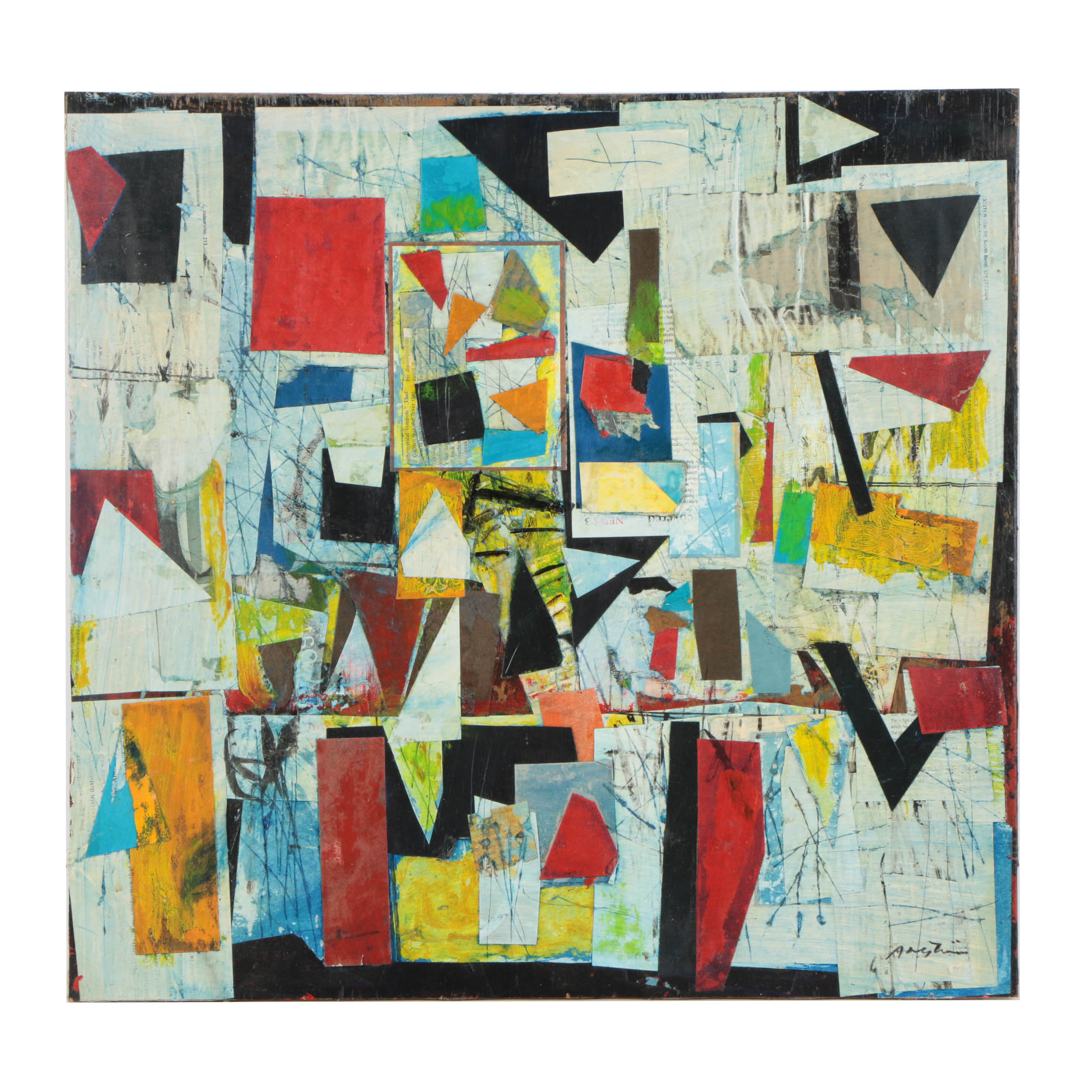 Ronald Ahlström Abstract Mixed Media Collage on Repurposed Wood Board "Untitled"