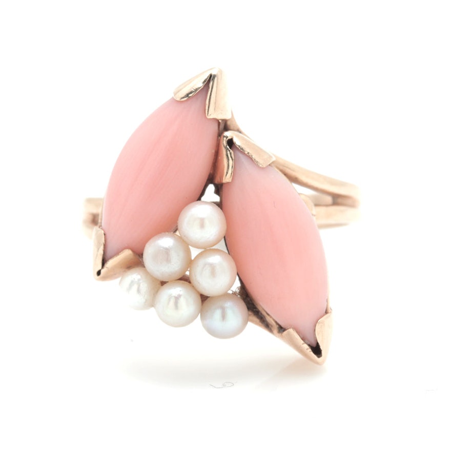 14K Yellow Gold Coral and Cultured Pearl Bypass Ring