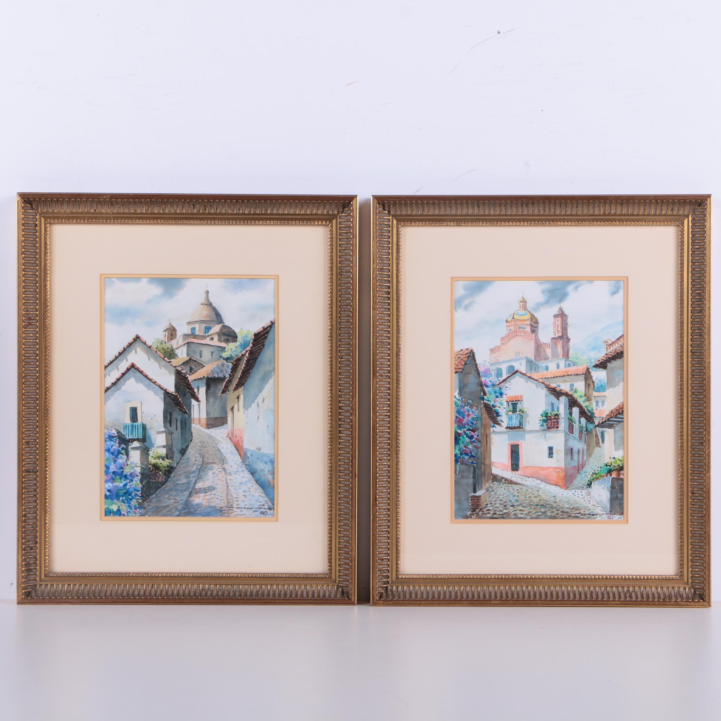 Vintage Watercolor Paintings on Paper of Mission Style Architecture