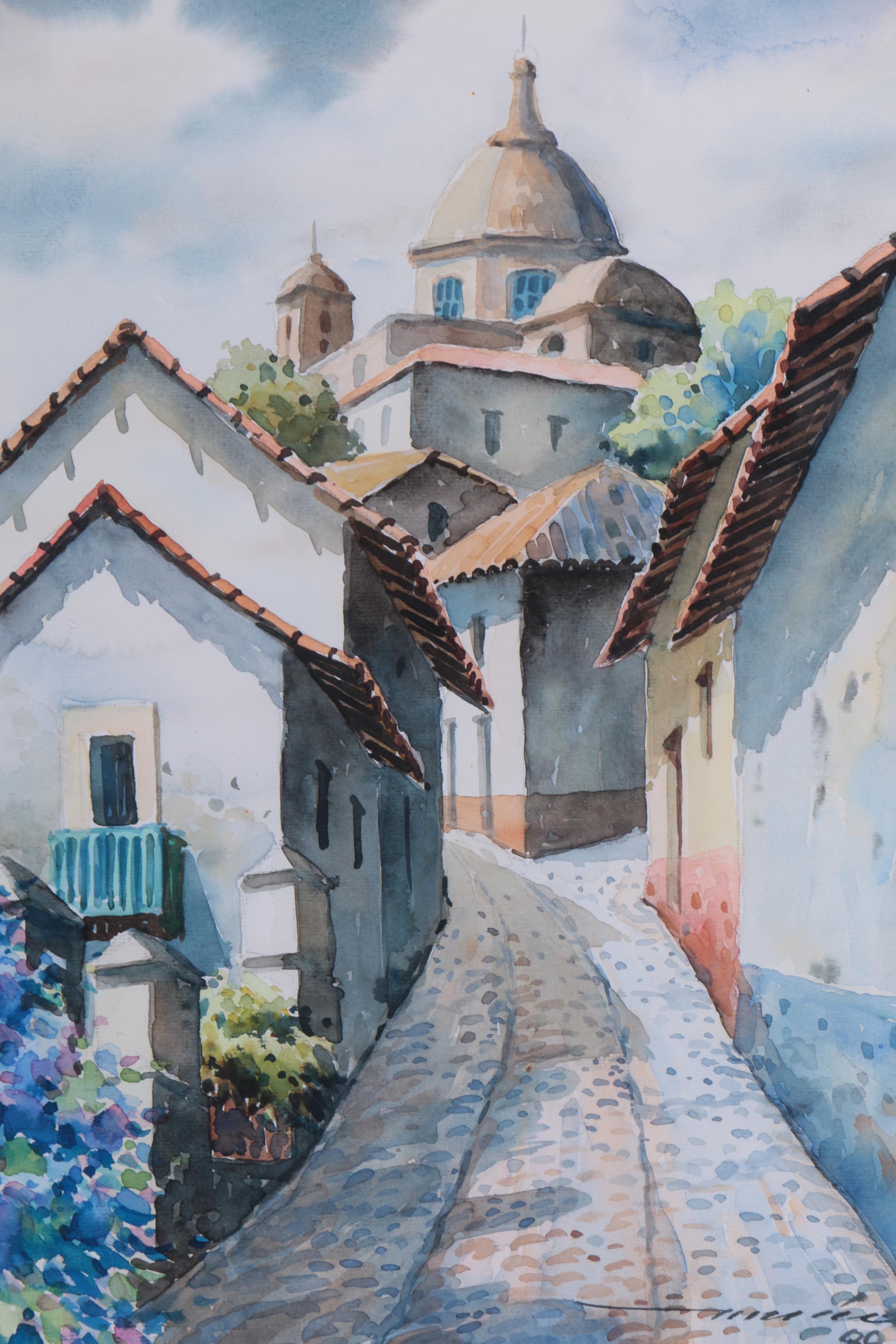 Vintage Watercolor Paintings on Paper of Mission Style Architecture