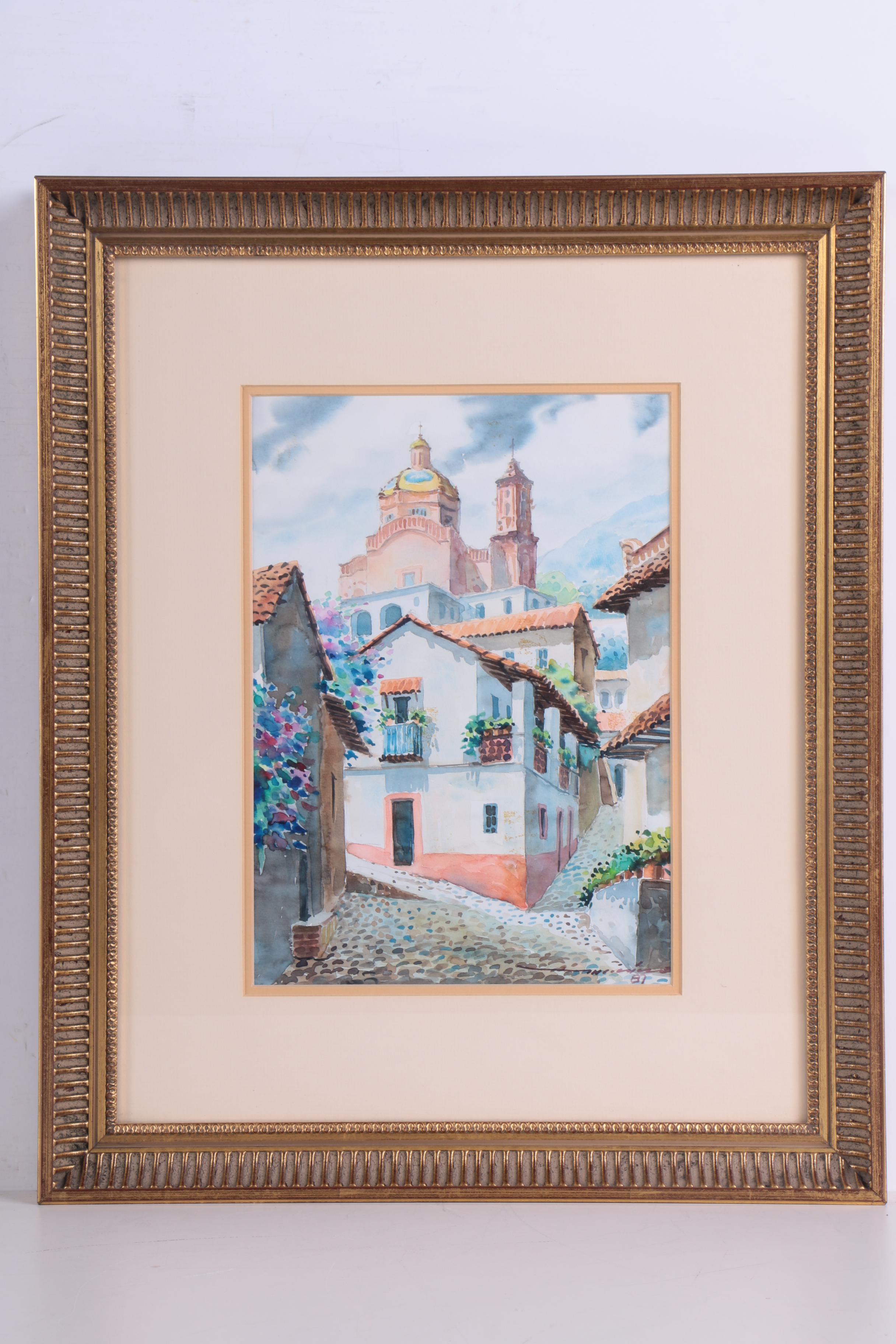 Vintage Watercolor Paintings on Paper of Mission Style Architecture