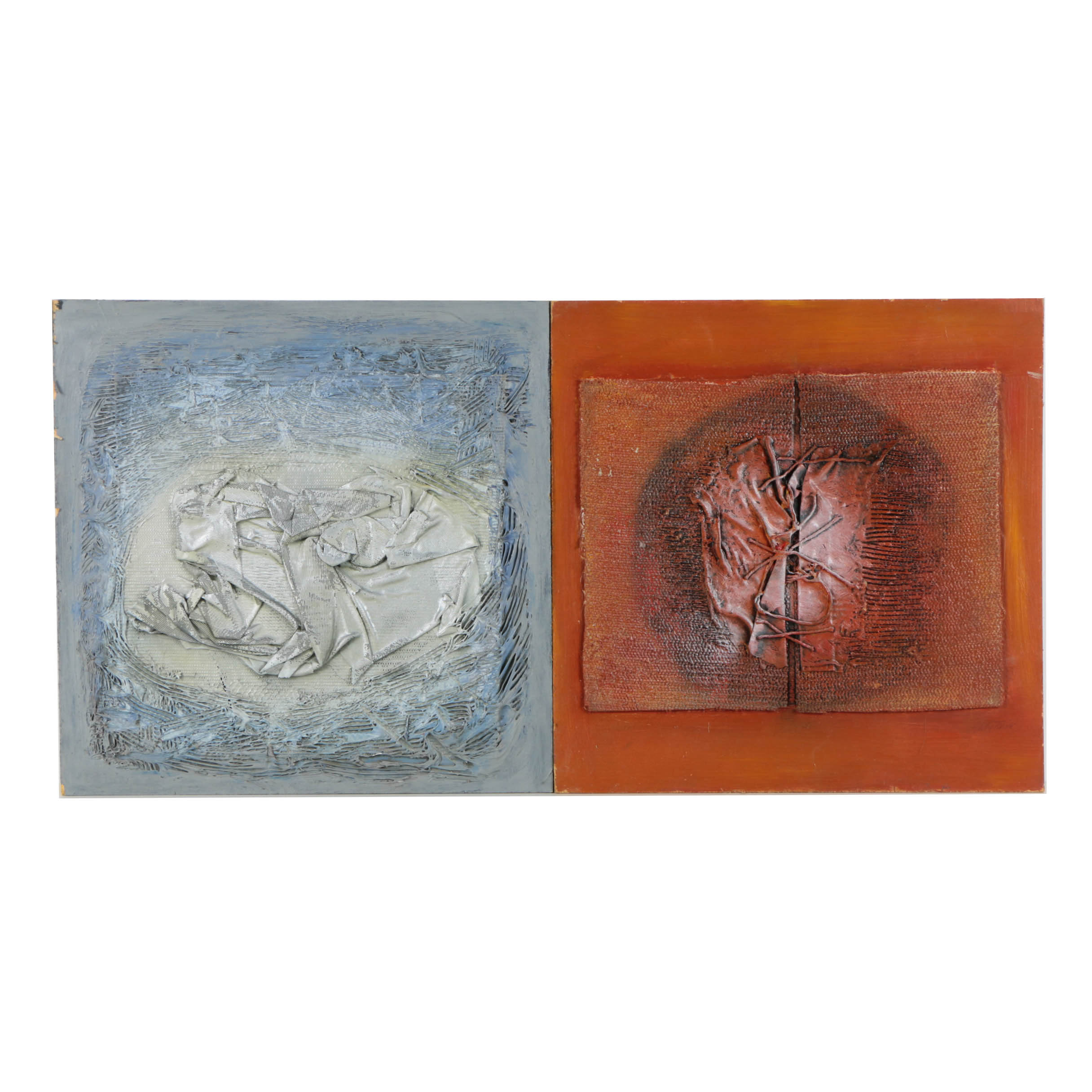 Pair of Ronald Ahlström Mixed Media Collage on Board Abstract Scene