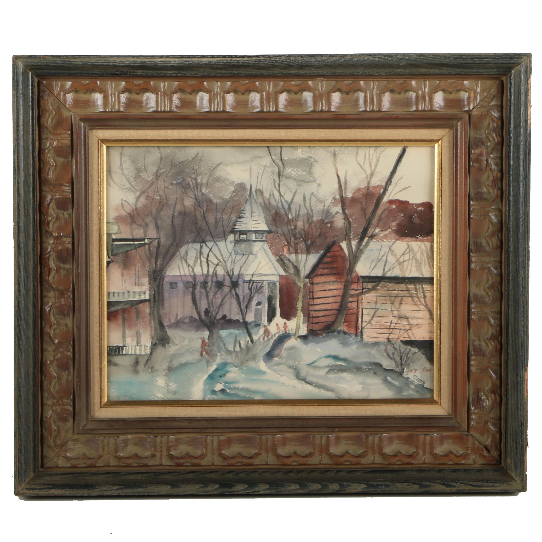Jay Gee Watercolor Painting on Paper of a Winter Scene