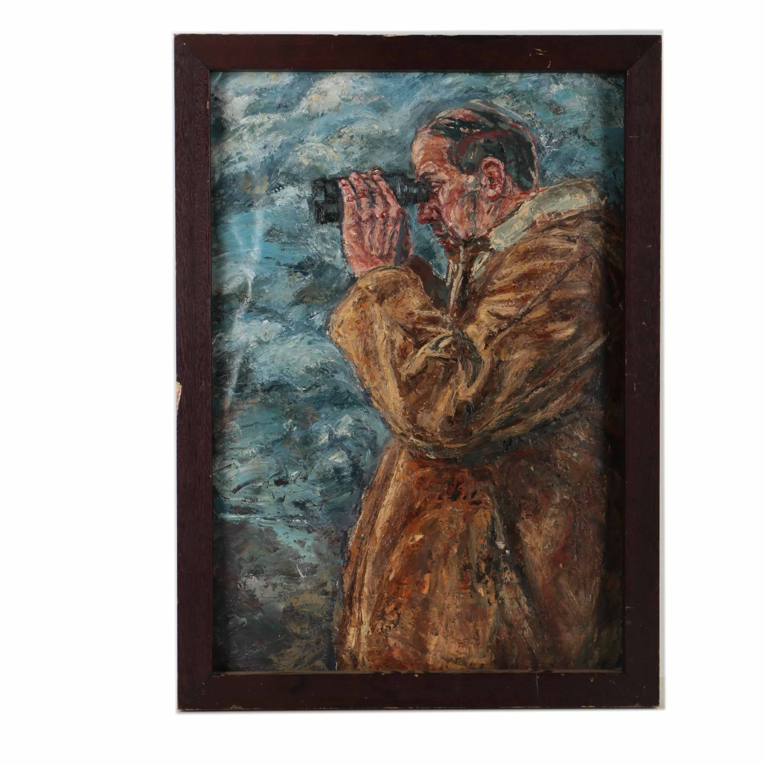 Tim Pryke Oil Painting on Paper "Man With Binoculars"