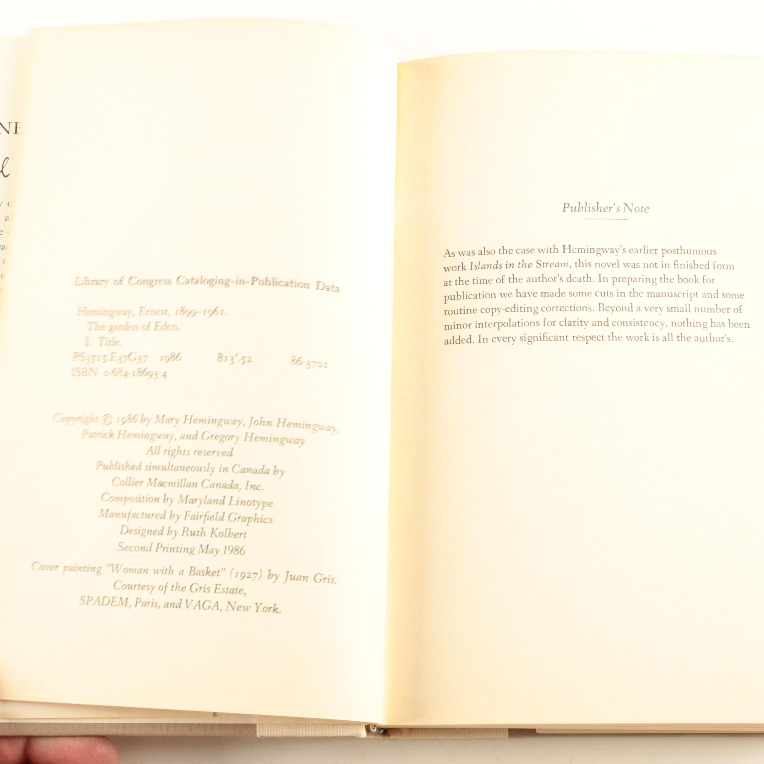 1986 "The Garden of Eden" by Ernest Hemingway