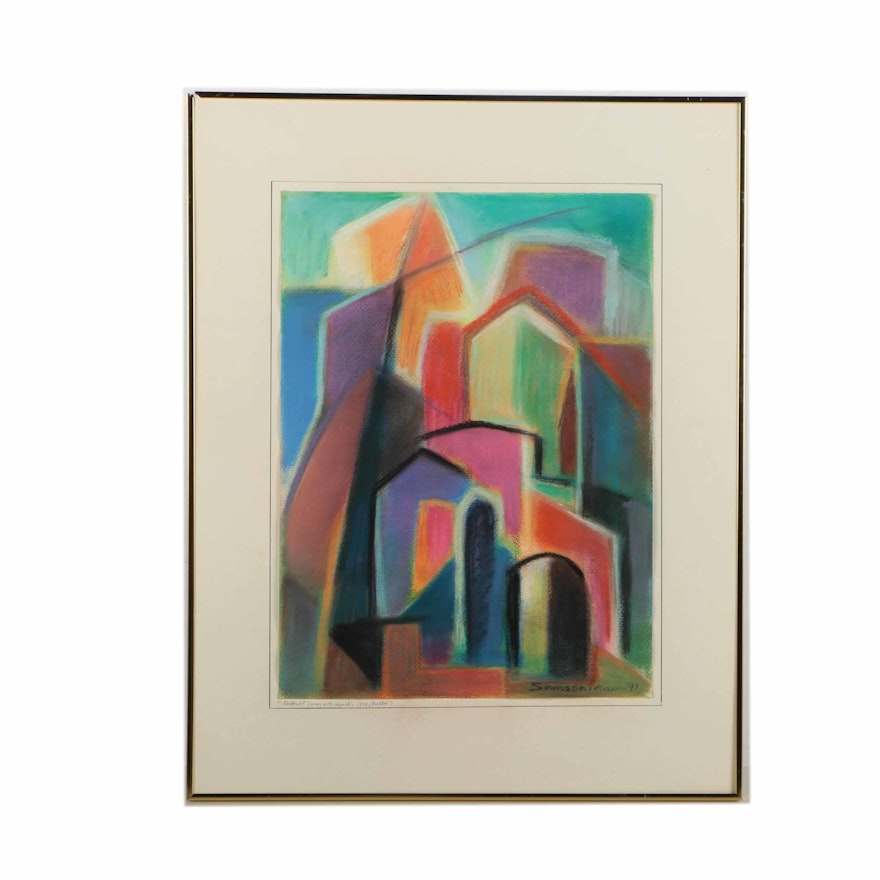 Simon Samsonian Pastel Drawing "Abstract Forms with Church"