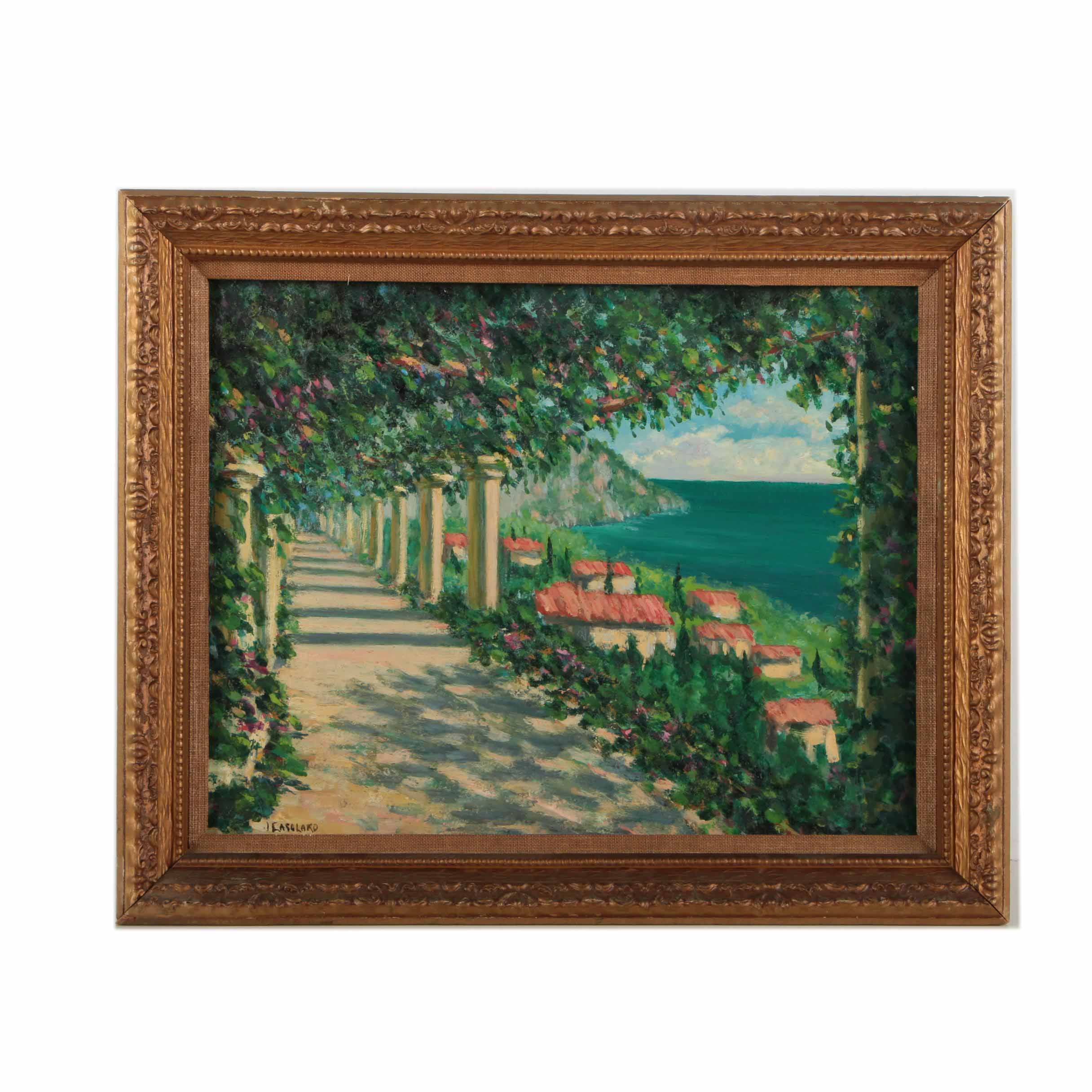 Oil Painting on Canvas Board of Italian Coastal Villa