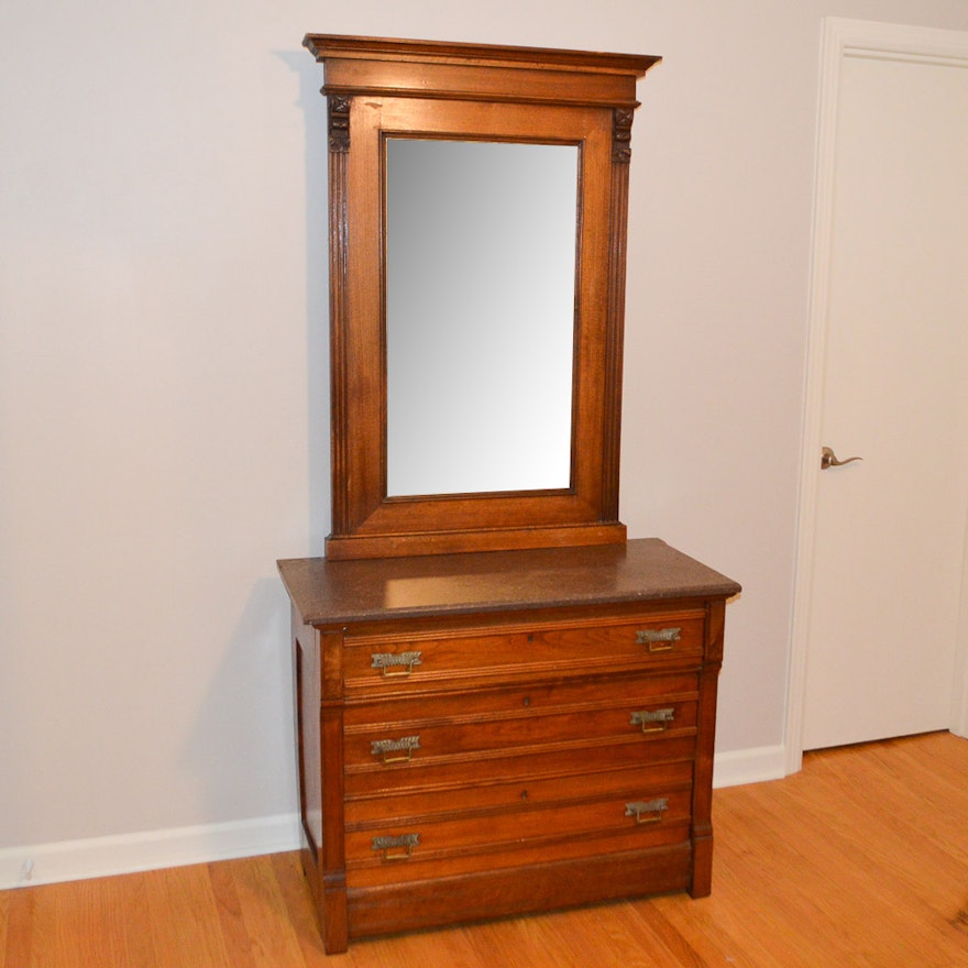 Antique Eastlake American Walnut Dresser with Brown Marble Top