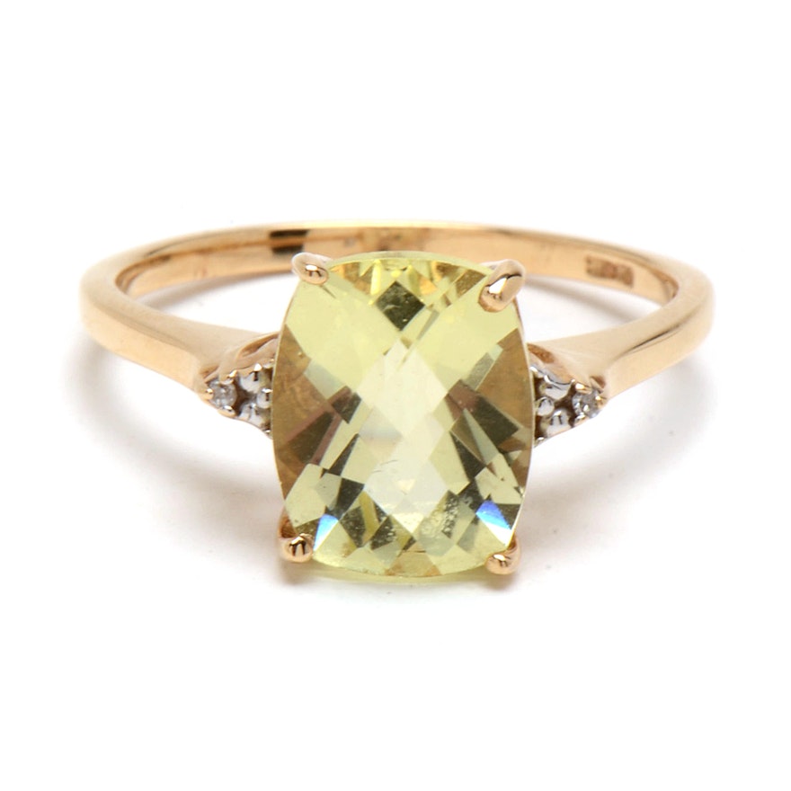 10K Yellow Gold Lime Quartz and Diamond Ring