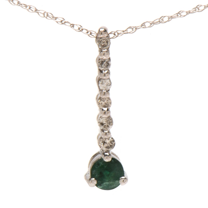 14K White Gold Natural Emerald and Diamond Stacked Pendant Necklace