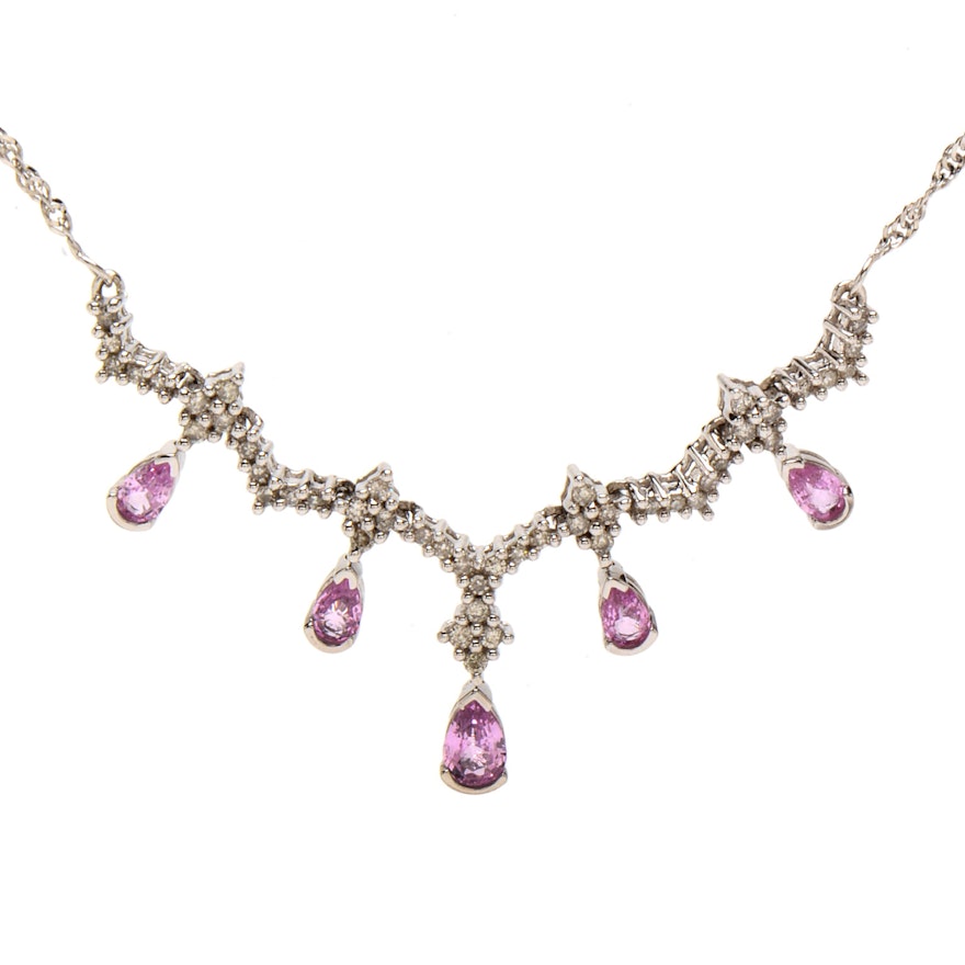 14K White Gold Natural Pink Sapphire and Diamond Necklace