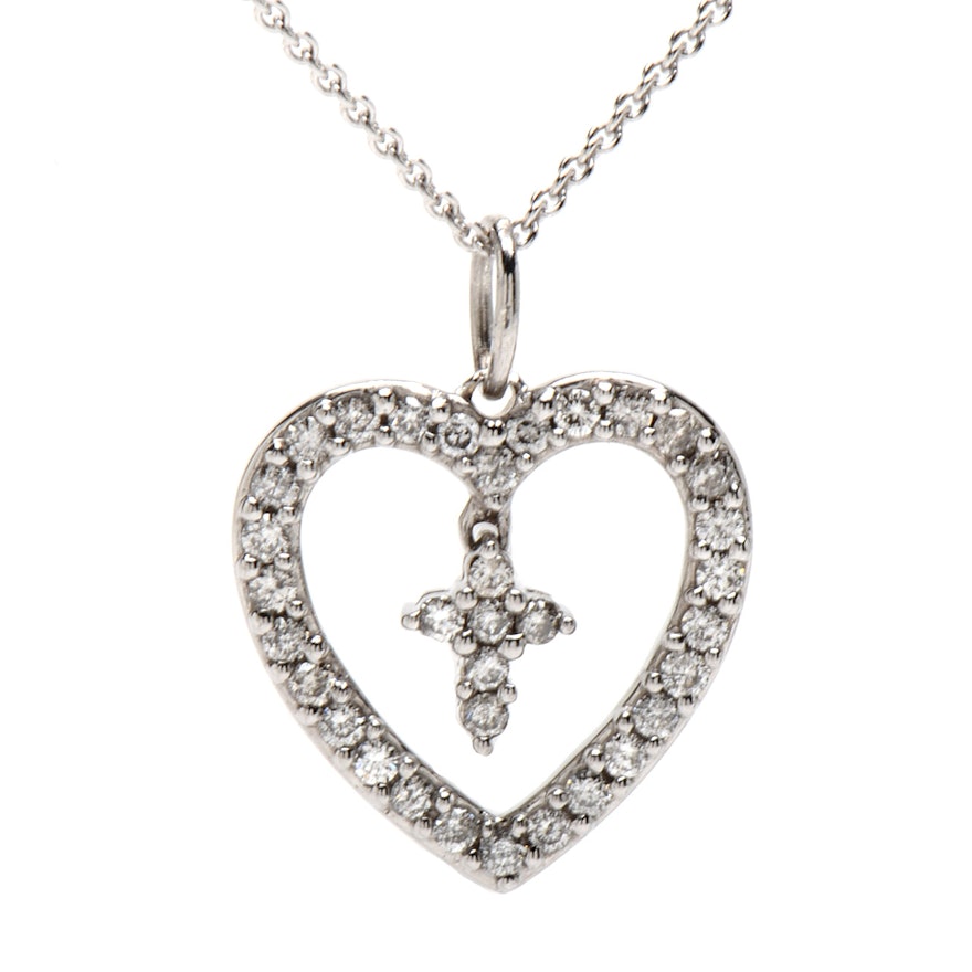 !4K White Gold and Diamond Heart and Cross Necklace