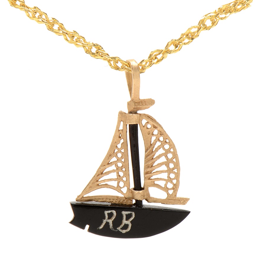 14K Yellow Gold and Black Coral Sailboat Pendant and Chain