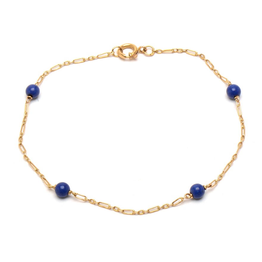 Portuguese 19K Yellow Gold Lapis Lazuli Beaded Bracelet