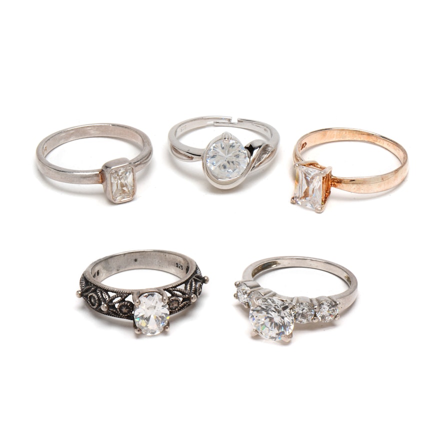 Collection of Five Sterling and Cubic Zirconia Rings