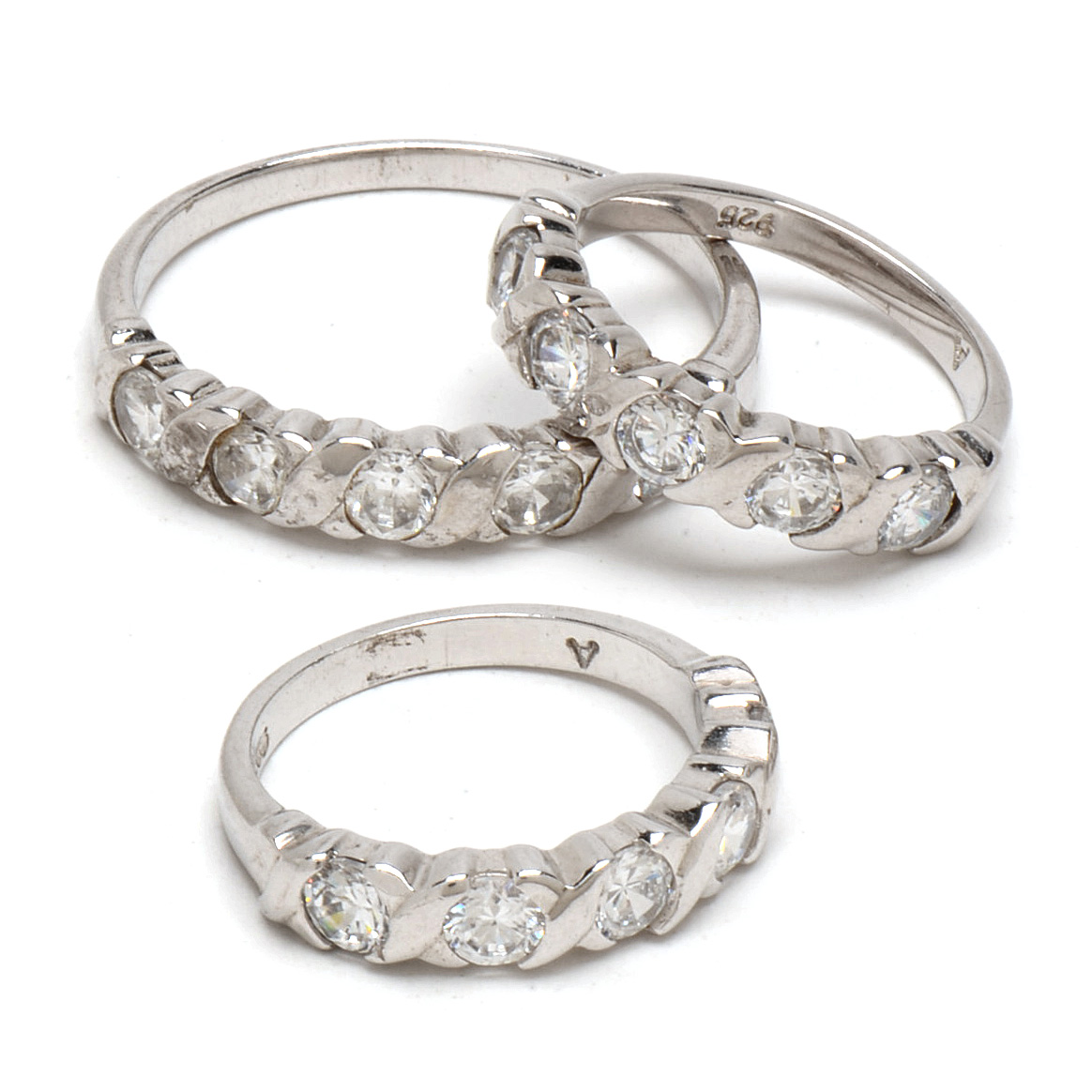 Three Sterling Silver Rings With Cubic Zirconia