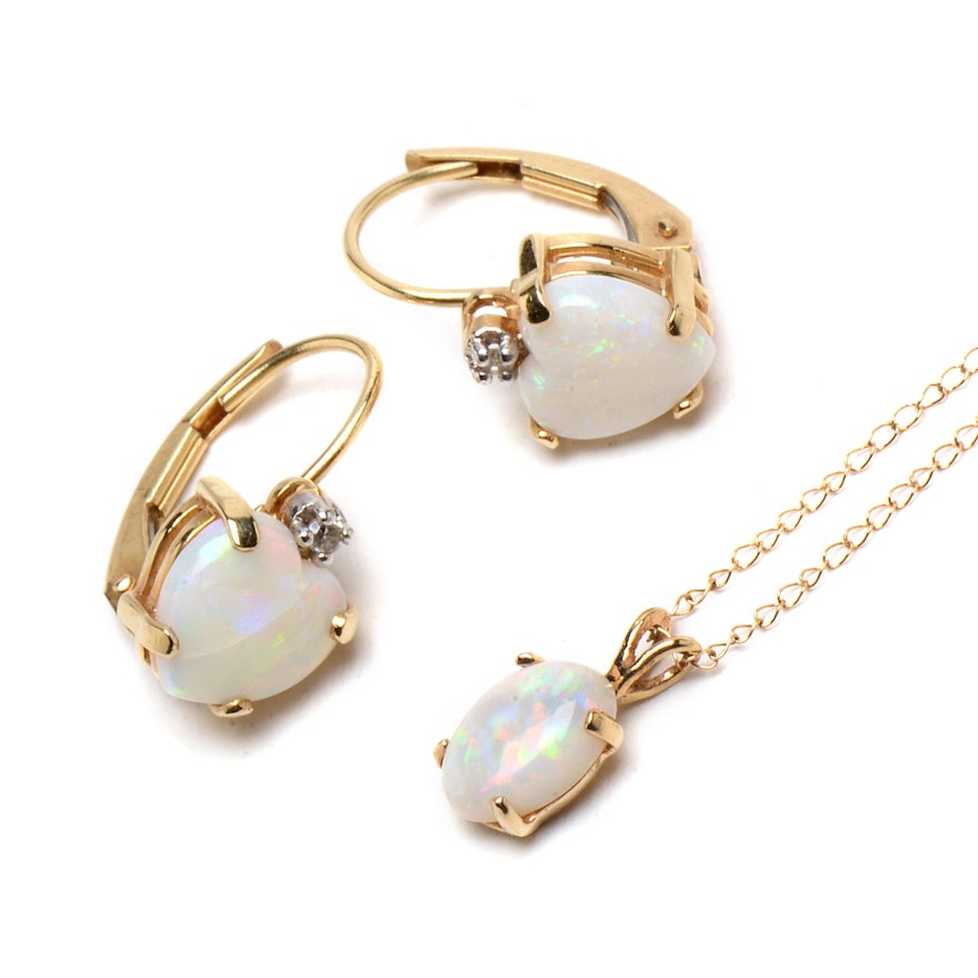 14K Yellow Gold Opal Necklace and Earrings