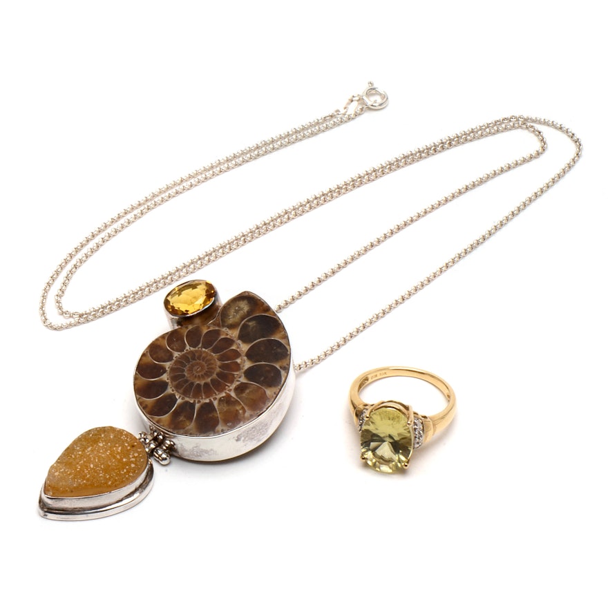 10K Yellow Gold and Citrine Ring and Ammonite, Druzy and Citrine Necklace
