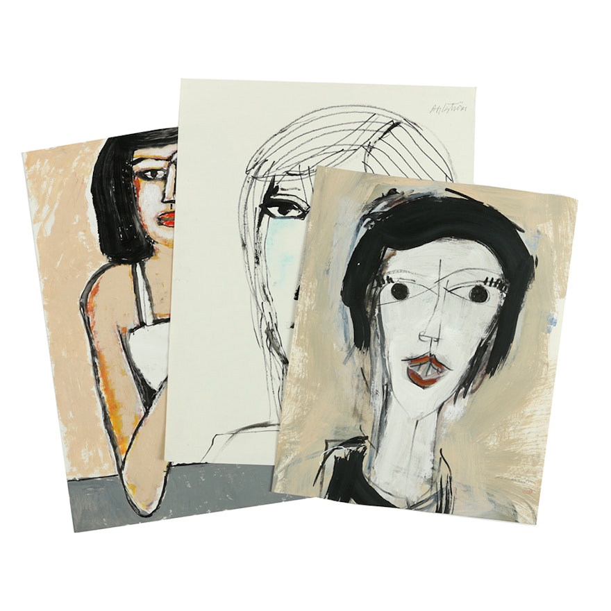 Ronald Ahlström Assorted Mixed Media Works on Paper of Abstract Portraits