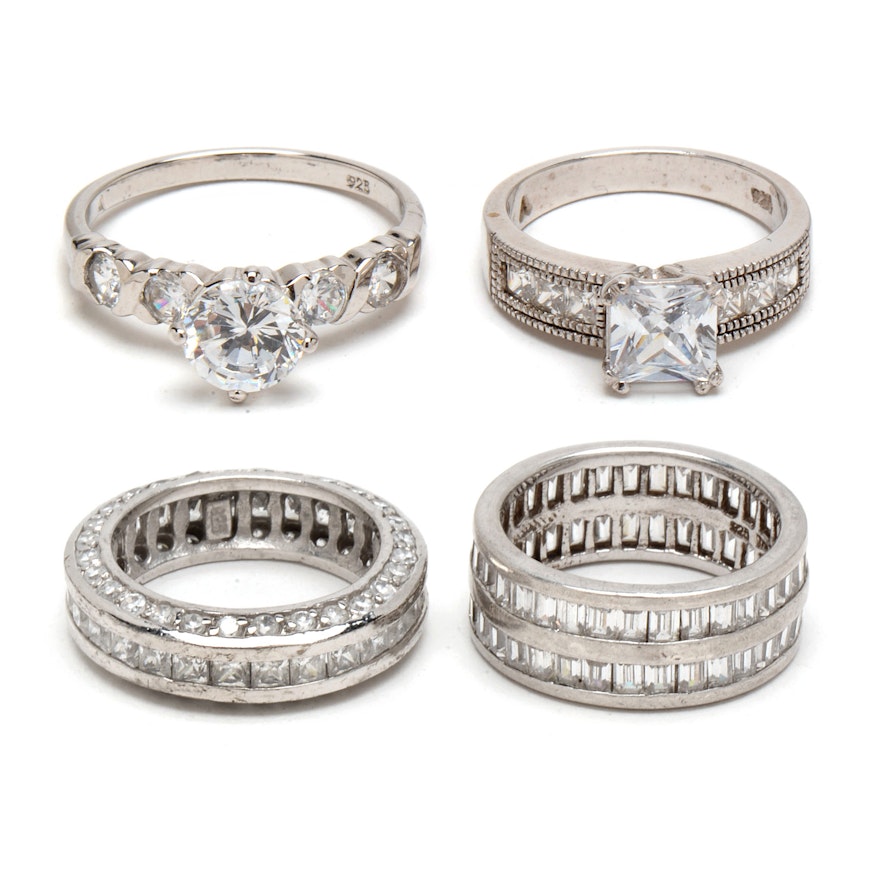 Four Sterling Silver and Cubic Zirconia Rings