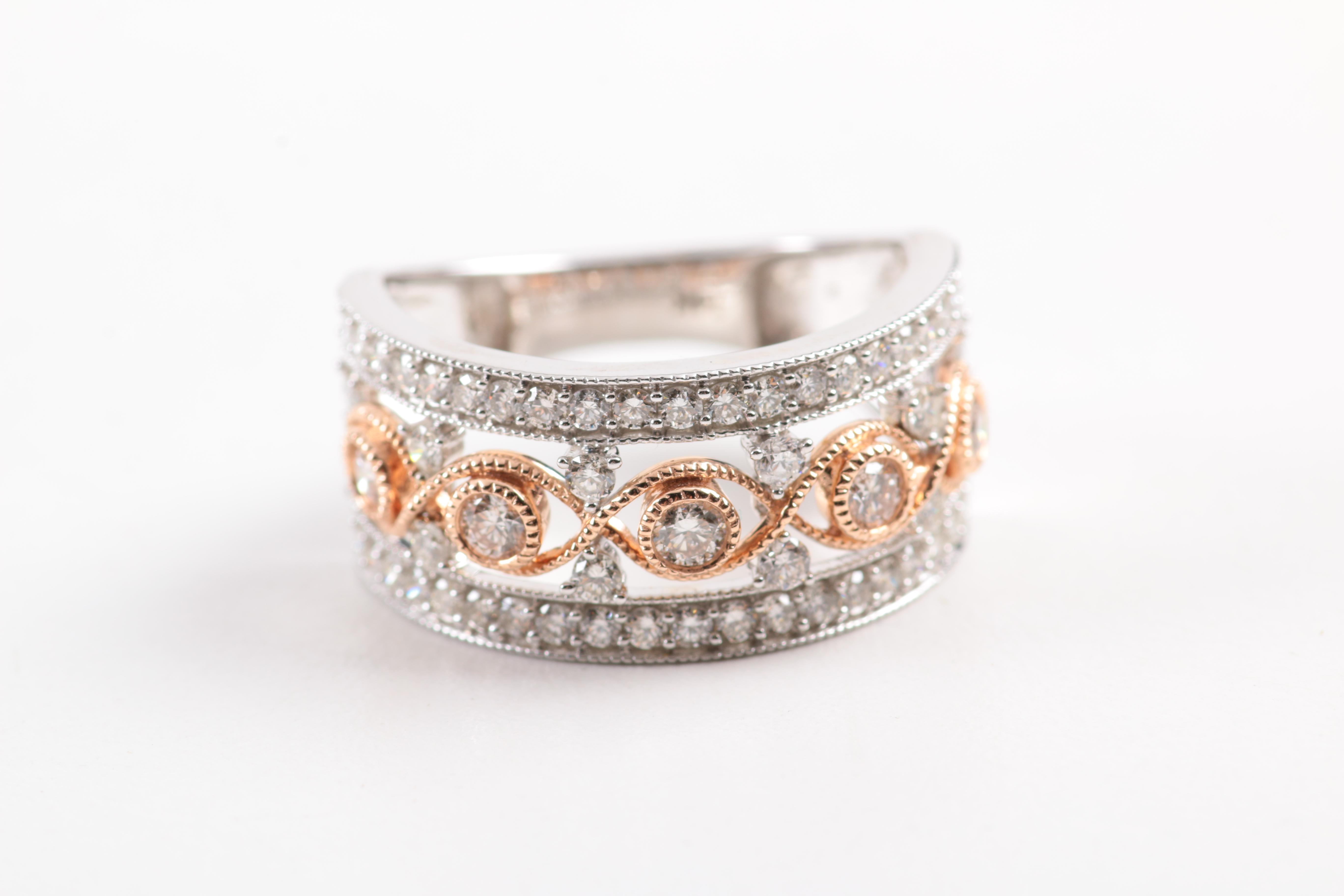14K White Gold Filigree Band with Diamonds and Rose Gold Accent