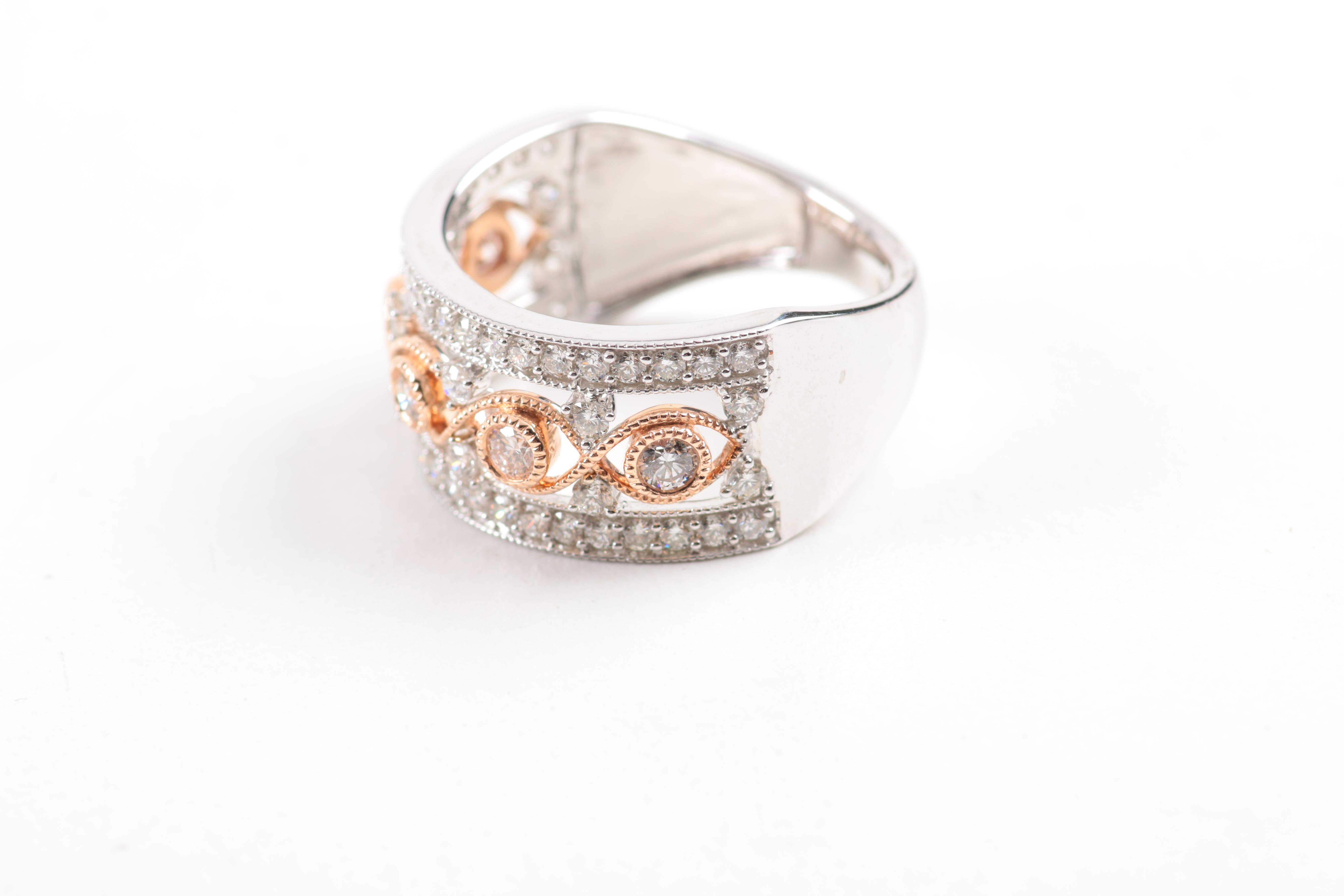 14K White Gold Filigree Band with Diamonds and Rose Gold Accent