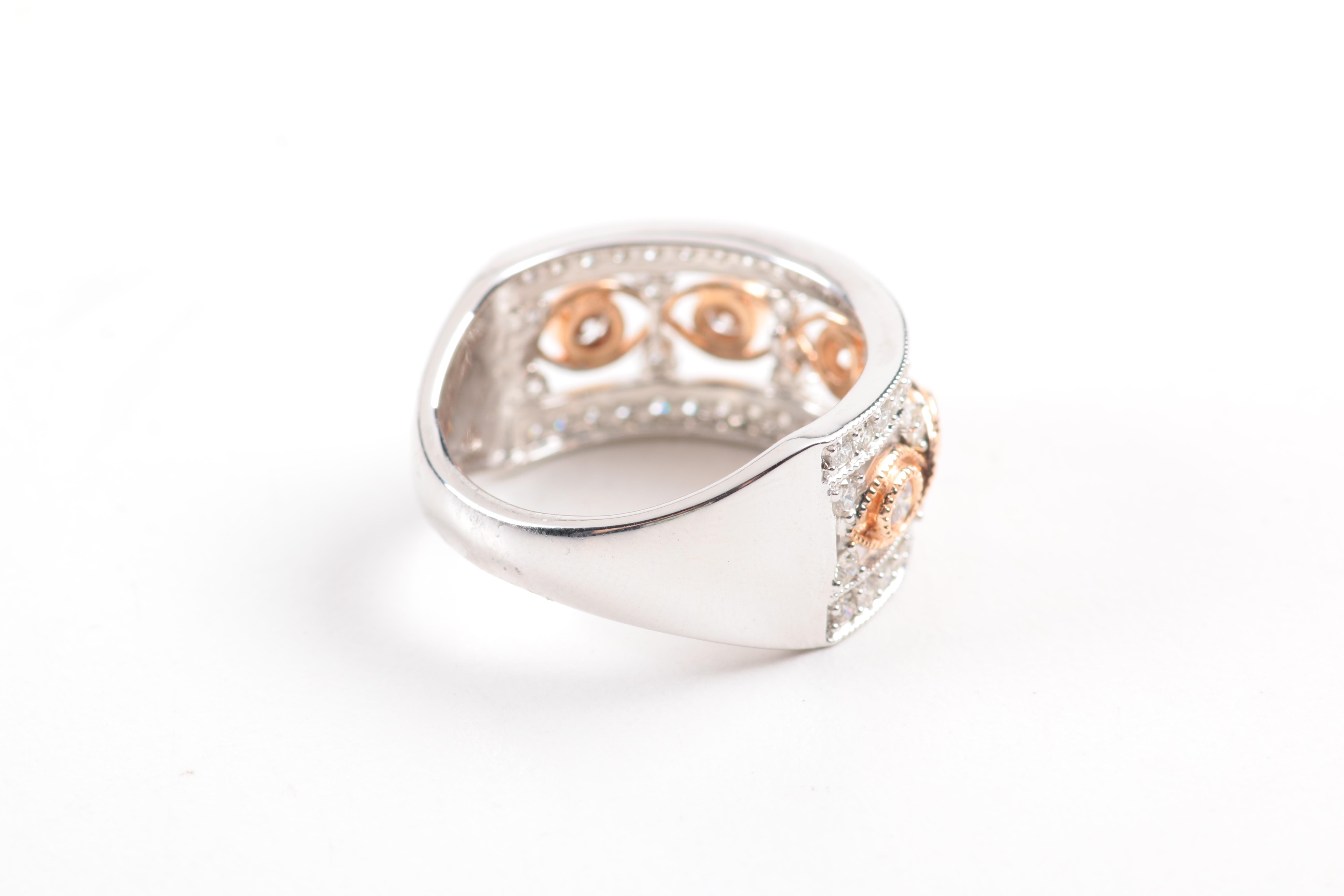 14K White Gold Filigree Band with Diamonds and Rose Gold Accent