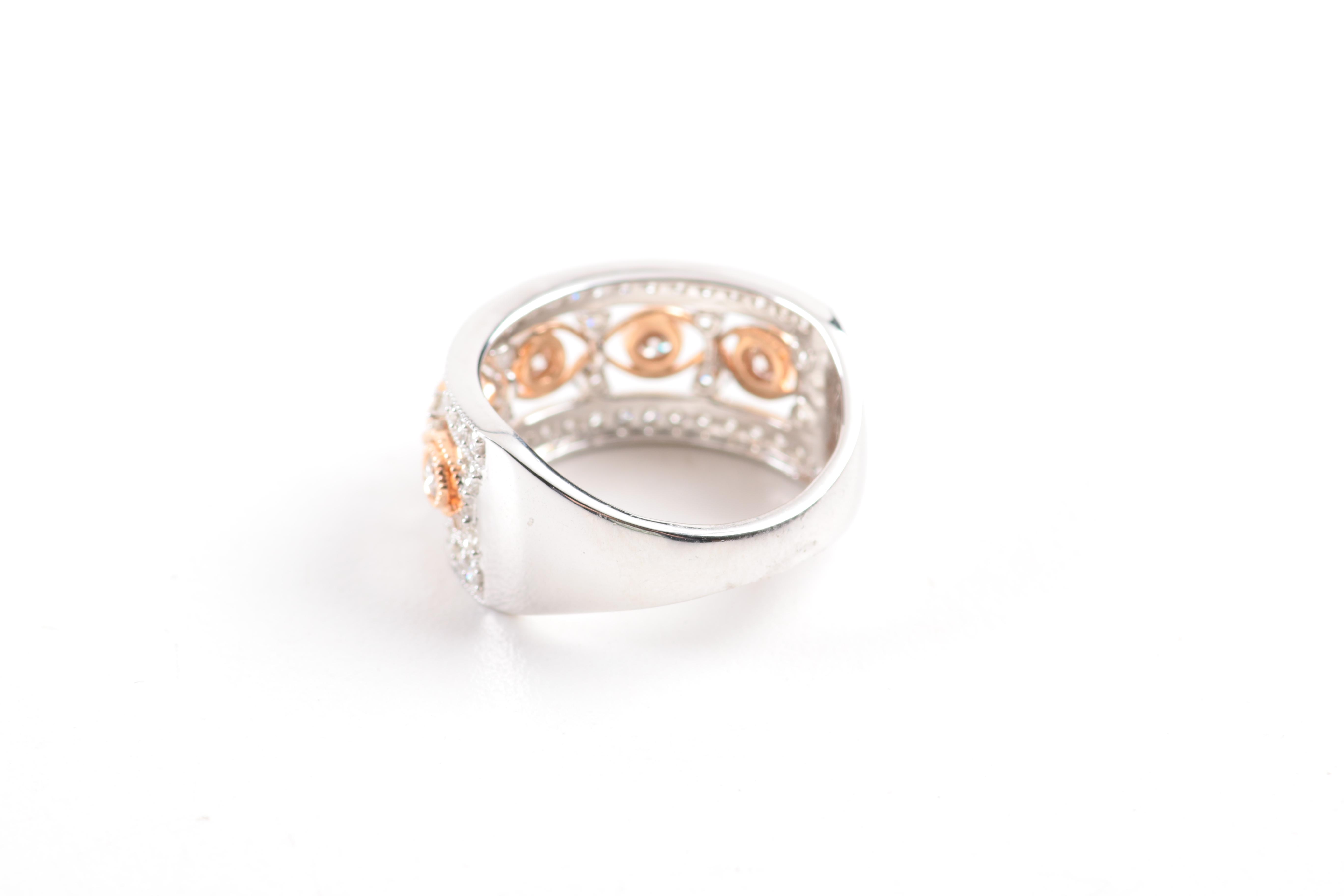 14K White Gold Filigree Band with Diamonds and Rose Gold Accent