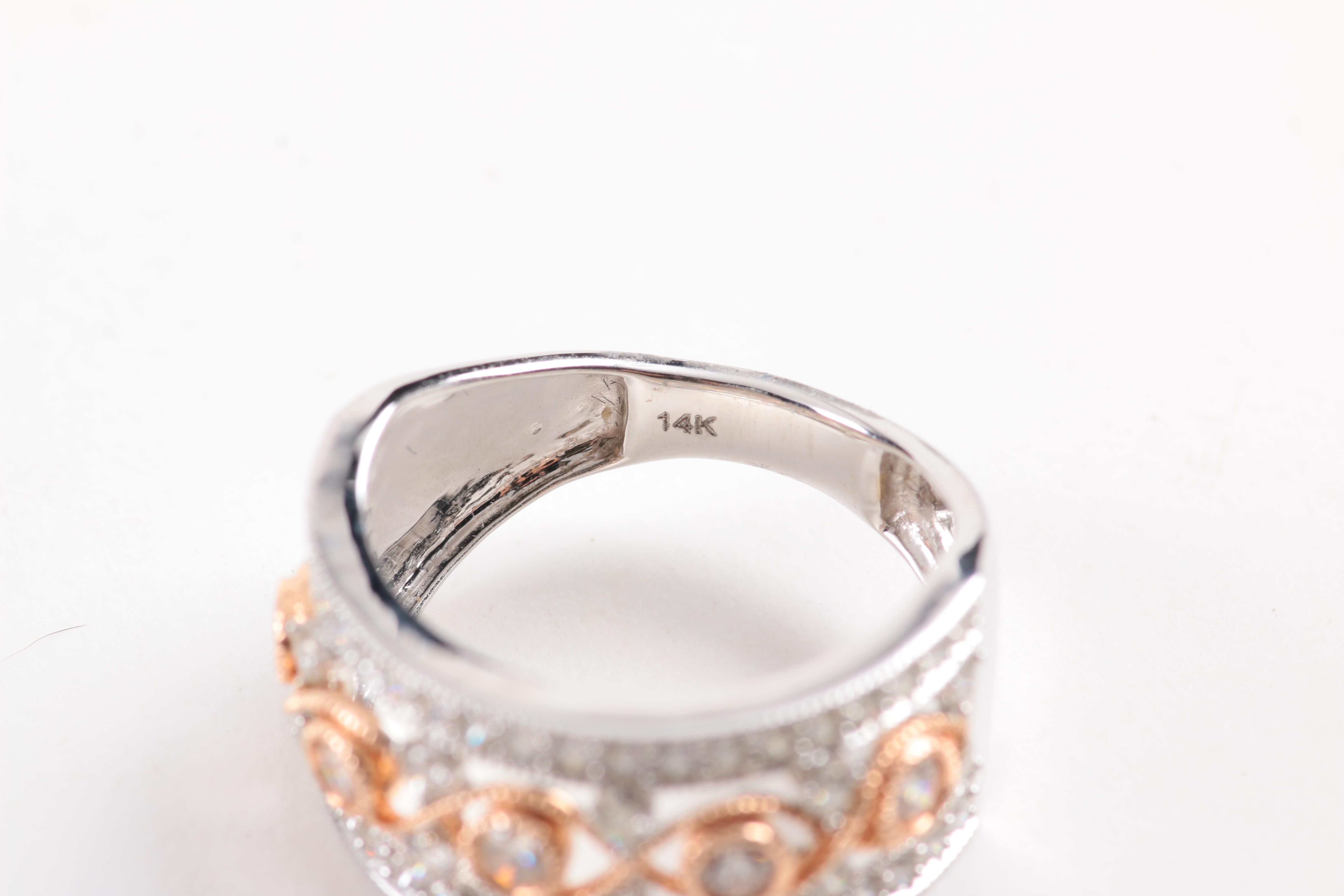 14K White Gold Filigree Band with Diamonds and Rose Gold Accent