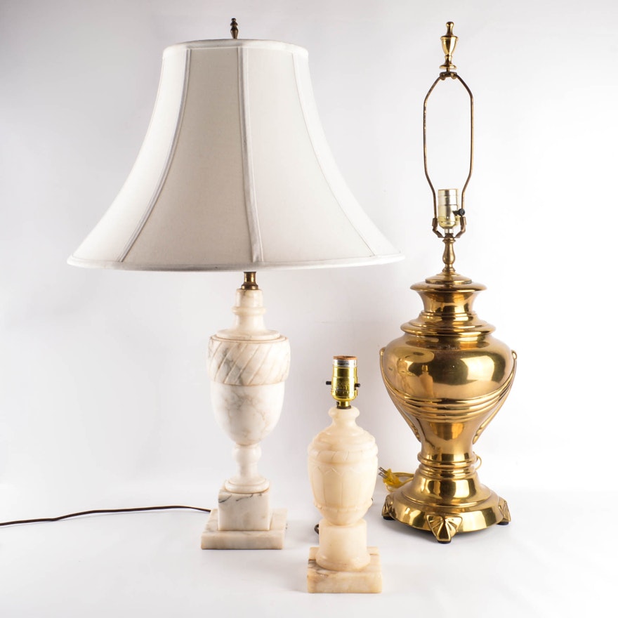 Two Alabaster Table Lamps and Brass Tone Lamp