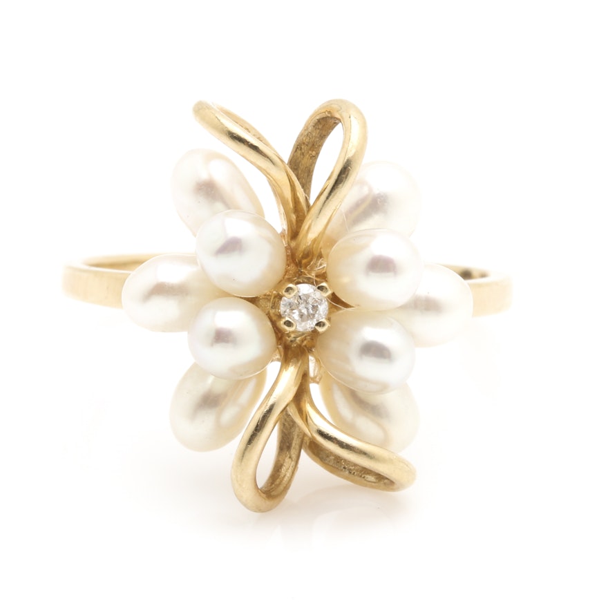 14K Yellow Gold Cultured Pearl and Diamond Ring