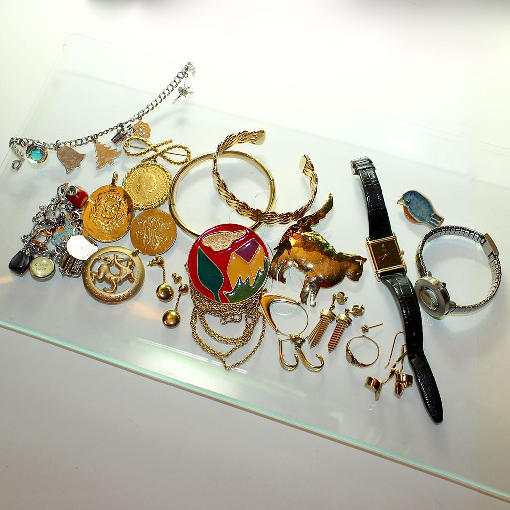 Eclectic Costume Jewelry Collection with Glass Monogram Plate