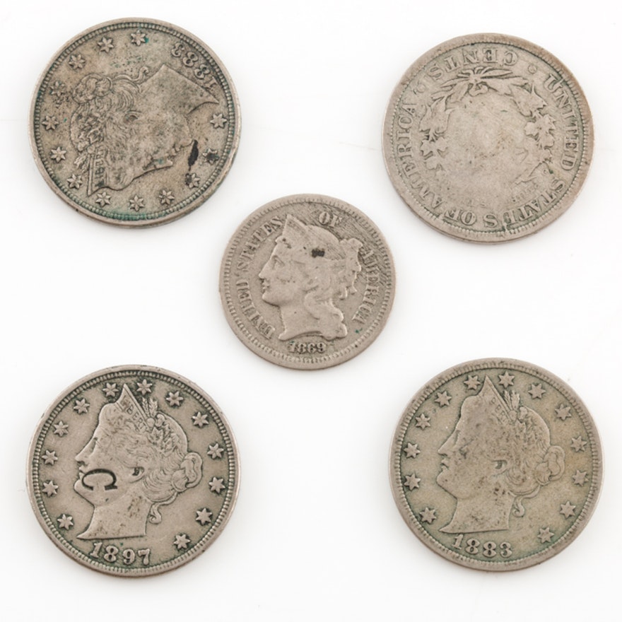 Nickel 3 Cent Piece and Four Liberty Head 'V' Nickels.