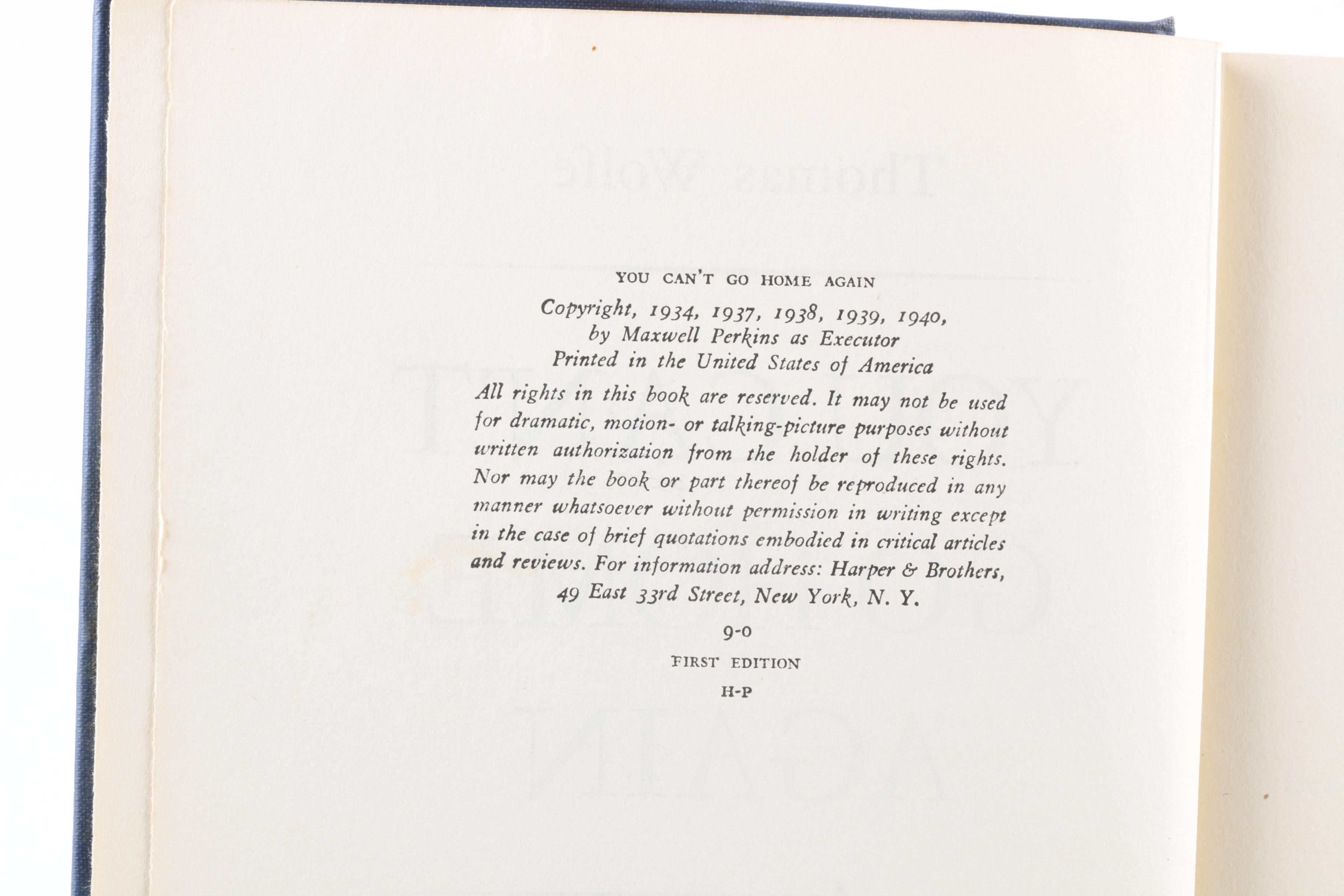 1940 First Trade Edition "You Can't Go Home Again" by Thomas Wolfe