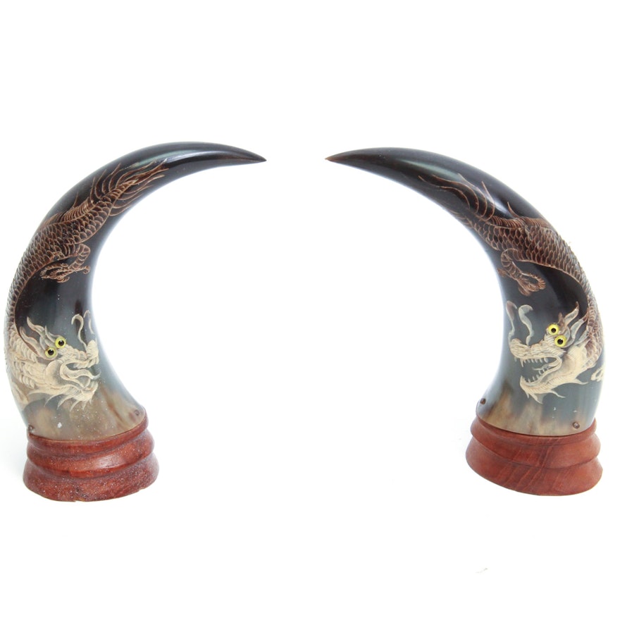 Pair of Chinese Carved Horns with Hand Painted Dragon Motif