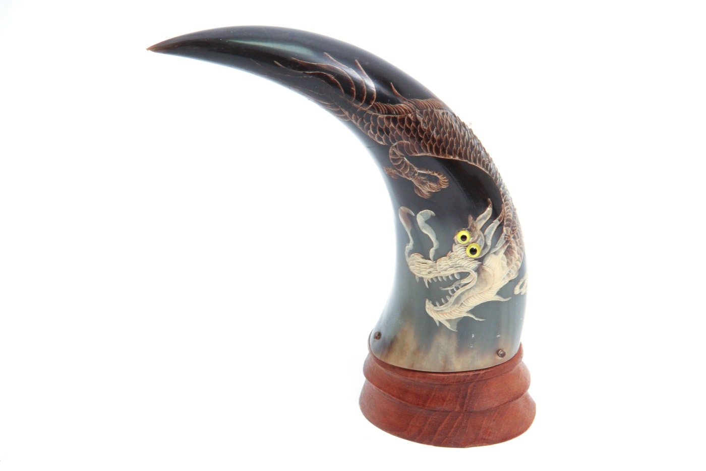 Pair of Chinese Carved Horns with Hand Painted Dragon Motif