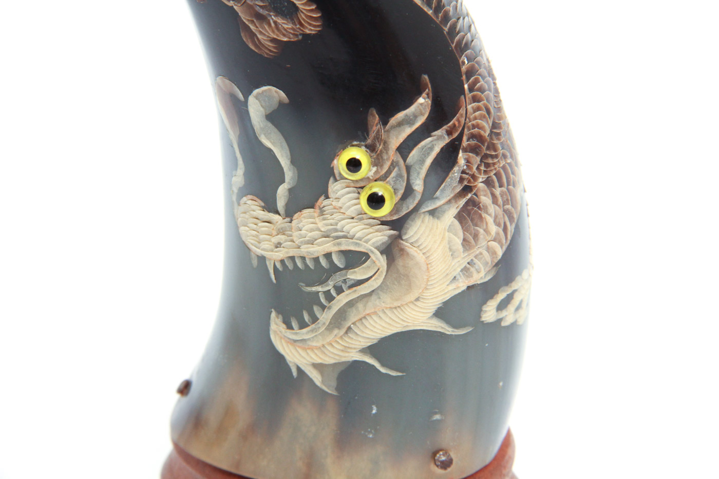 Pair of Chinese Carved Horns with Hand Painted Dragon Motif