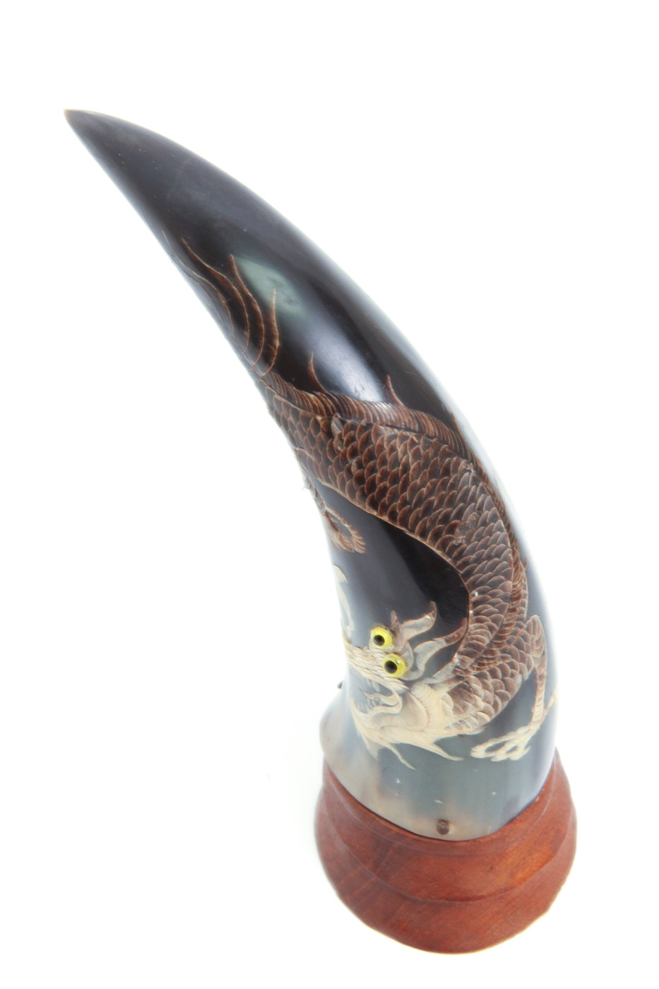 Pair of Chinese Carved Horns with Hand Painted Dragon Motif